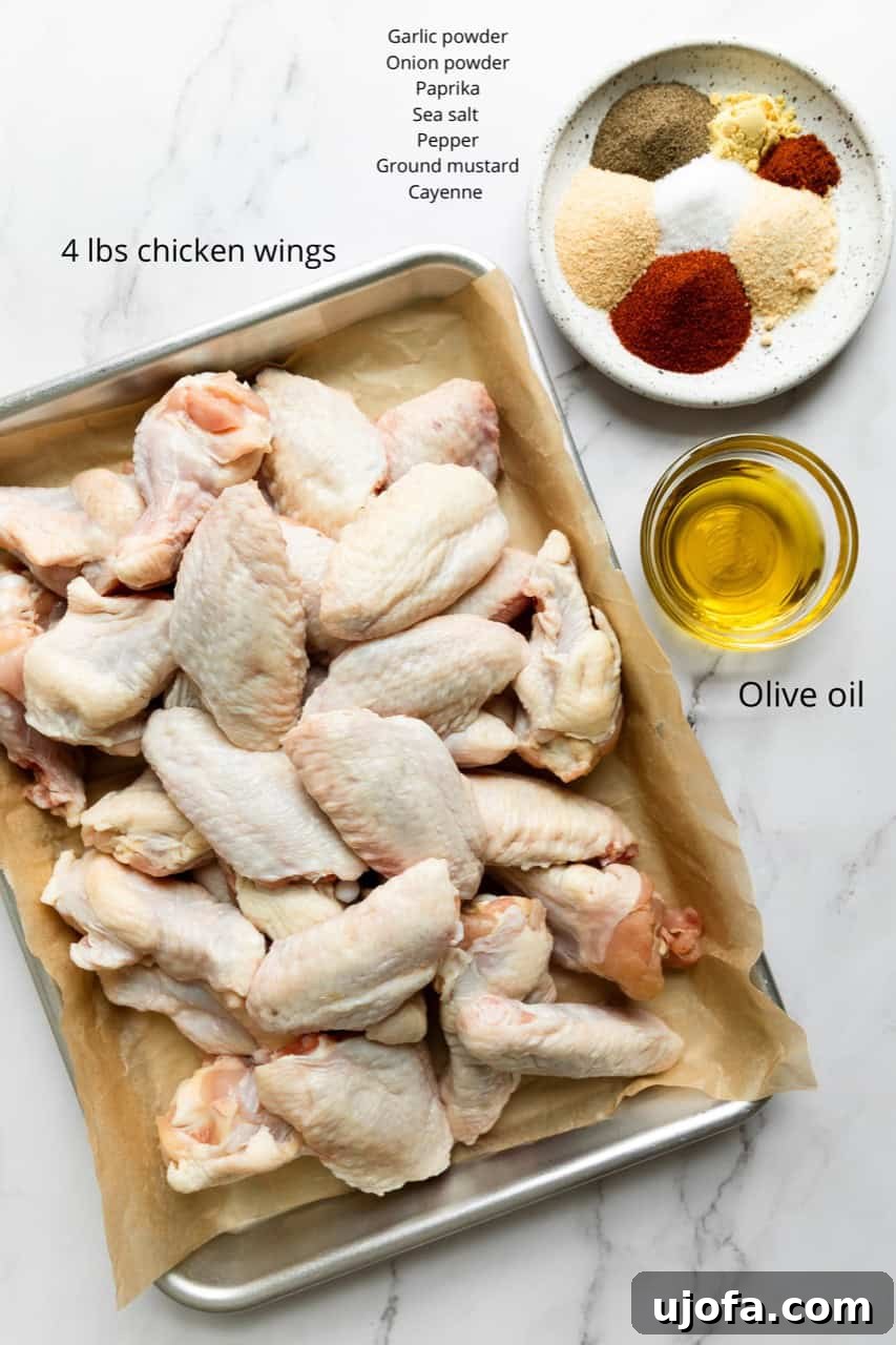 A selection of ingredients for making dry rub baked wings, including chicken wings, olive oil, and various spices arranged in bowls.