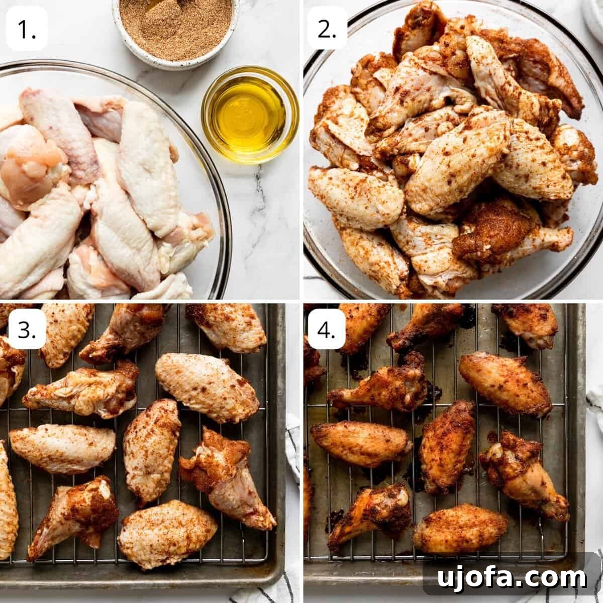 Three steps showing the process of making baked chicken wings: seasoning, arranging on a rack, and baking in the oven.