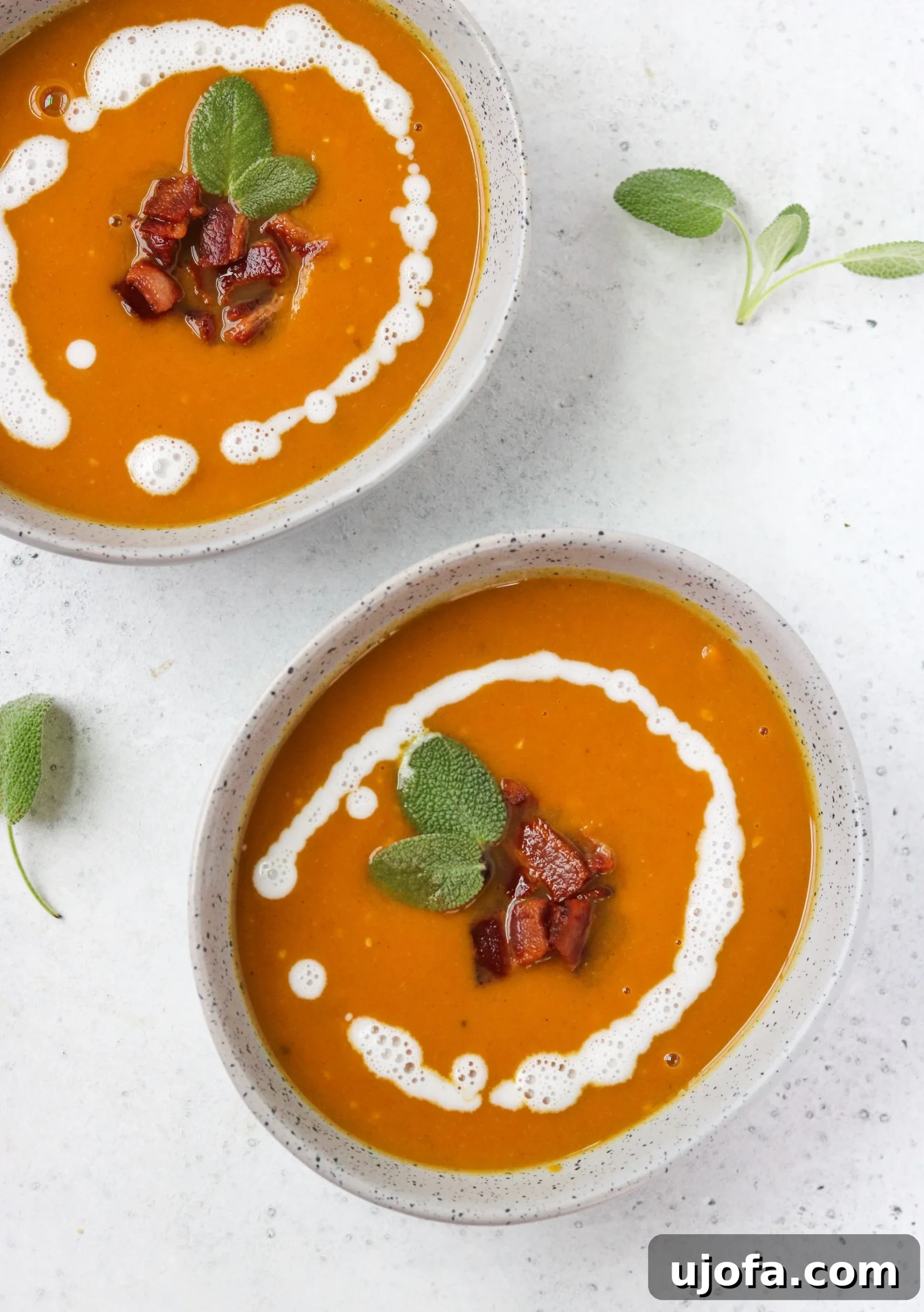 Rich and creamy Butternut Squash Soup with crispy bacon bits and fresh sage garnish, perfect for a cozy meal.