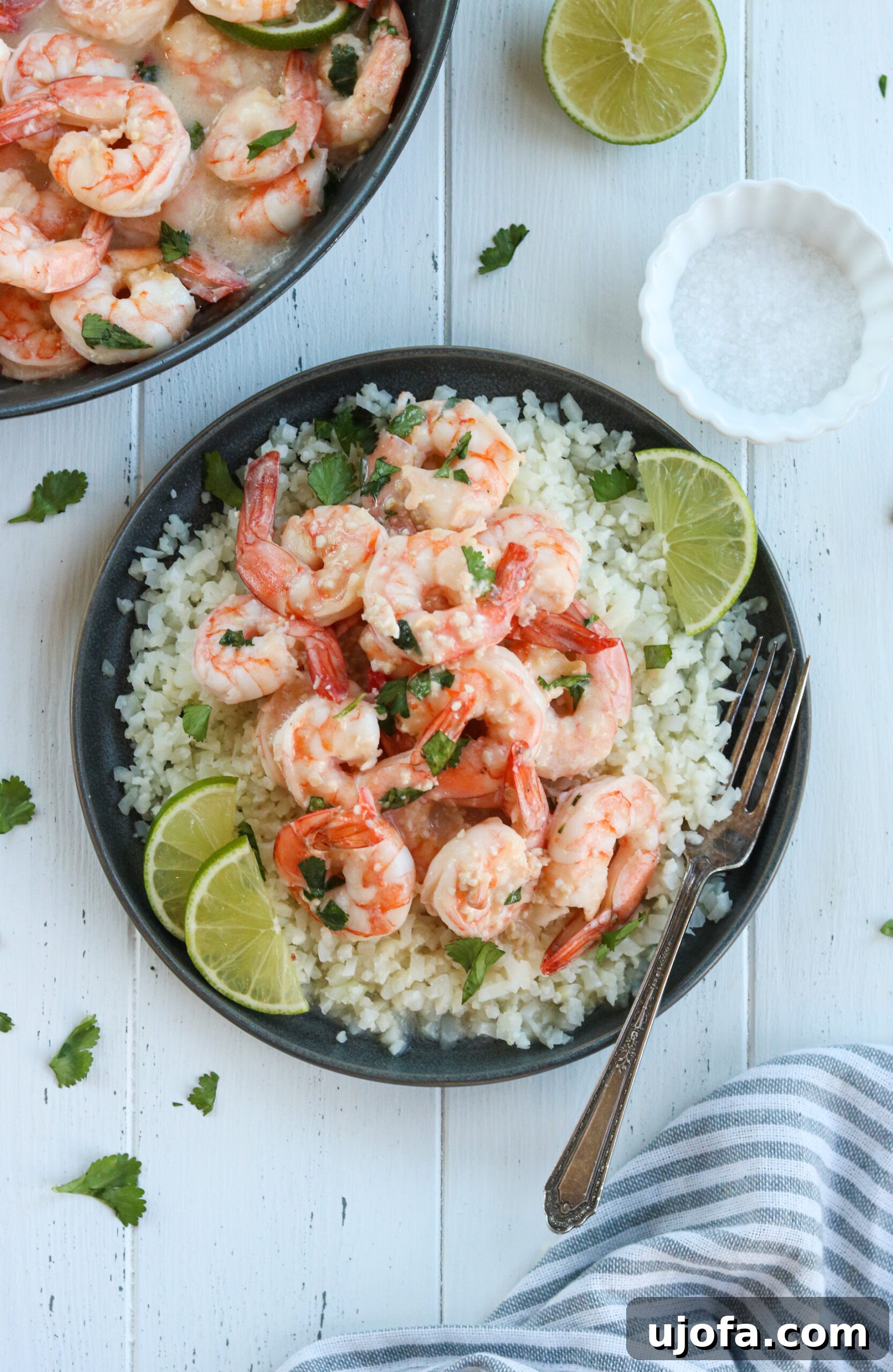 Healthy Whole30 Coconut Lime Shrimp served over cauliflower rice