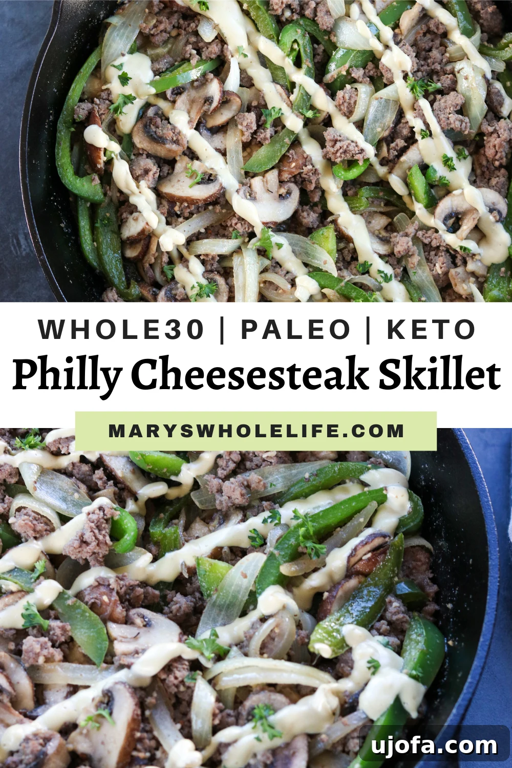 Whole30 Philly Cheesesteak Skillet, styled as a vertical pin-friendly image, with a rustic background.