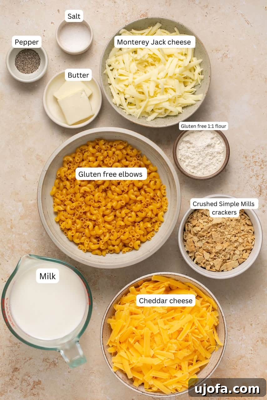 Effortless Gluten-Free Baked Mac and Cheese 3 Various ingredients for baked gluten-free mac and cheese laid out in individual nesting bowls, including butter, flour, milk, spices, cheeses, pasta, and crackers.