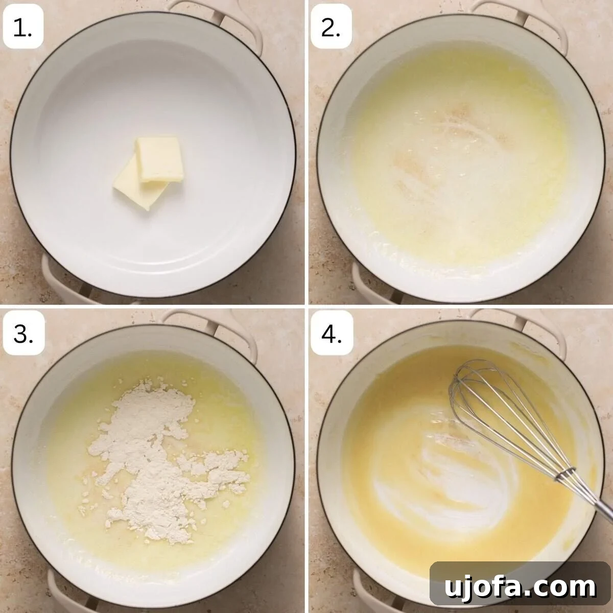 Effortless Gluten-Free Baked Mac and Cheese 4 The first four steps for making gluten free mac and cheese, showing ingredients being prepared and the roux being made.
