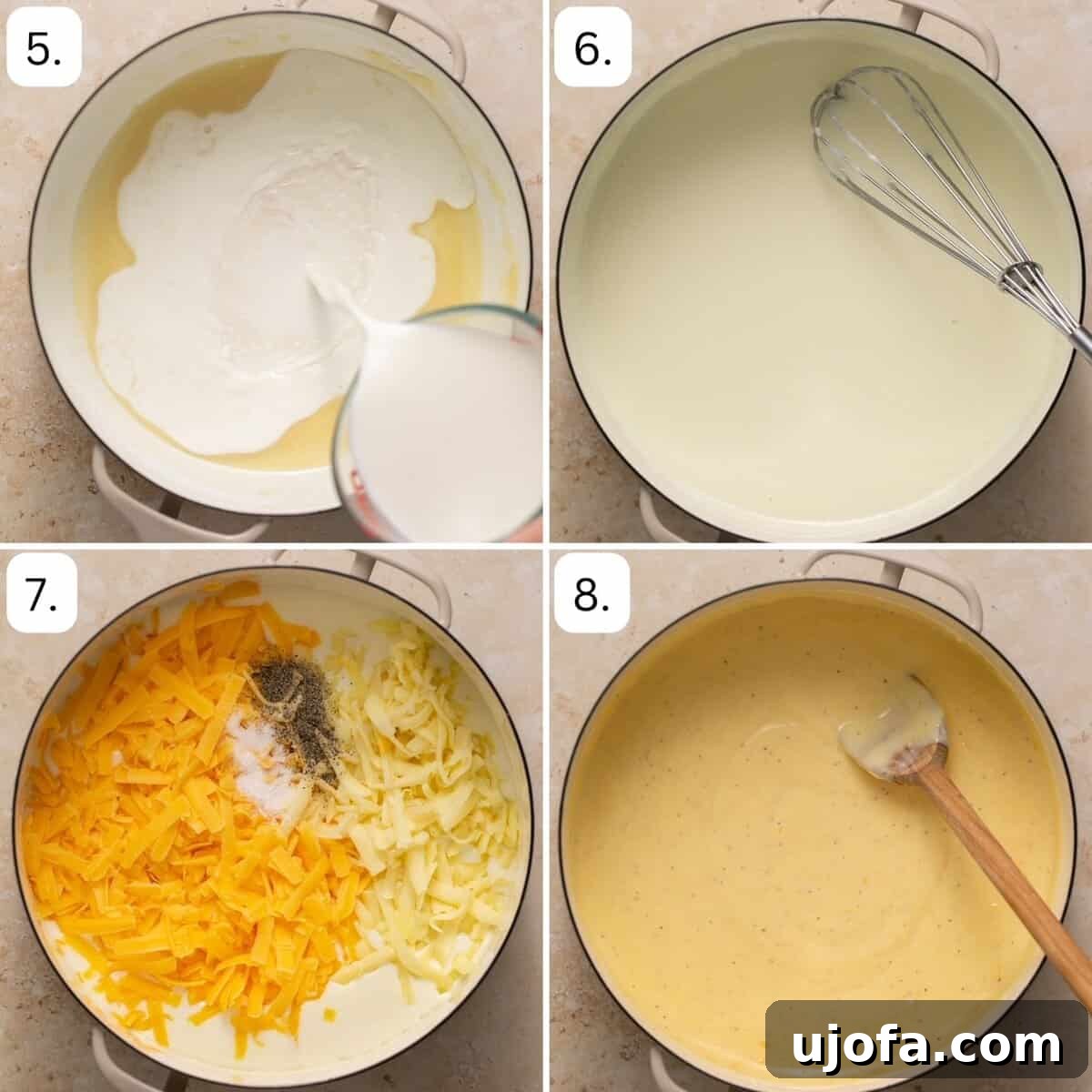 Effortless Gluten-Free Baked Mac and Cheese 5 Steps 5-8 for making gluten free mac and cheese in the oven, illustrating the cheese sauce being finished and combined with pasta.