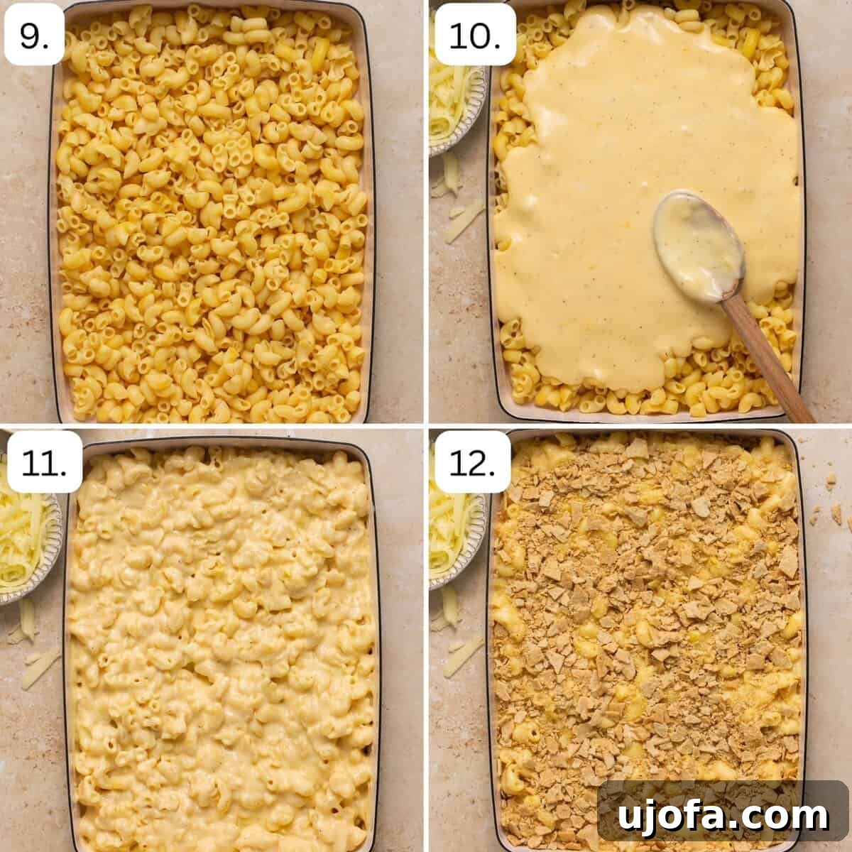 Effortless Gluten-Free Baked Mac and Cheese 6 The last 4 steps for making mac and cheese in the oven, showing the dish topped with crackers and ready for baking.