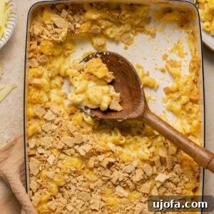 Effortless Gluten-Free Baked Mac and Cheese 10 gluten free mac and cheese topped with crackers in a casserole dish with a serving spoon taking a scoop out