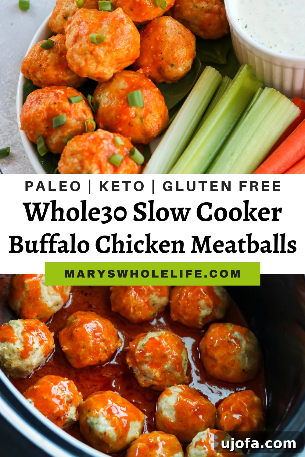 Overhead shot of a full slow cooker of buffalo chicken meatballs, beautifully garnished with fresh parsley, ready to be served.