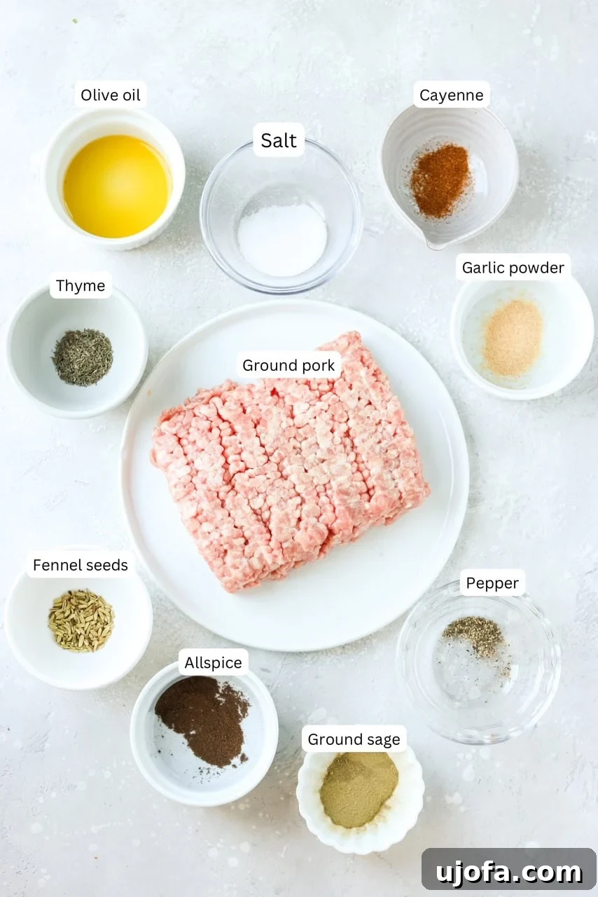 Ingredients for making air fryer sausage patties, including ground pork and a selection of fresh spices, arranged neatly in nesting bowls.