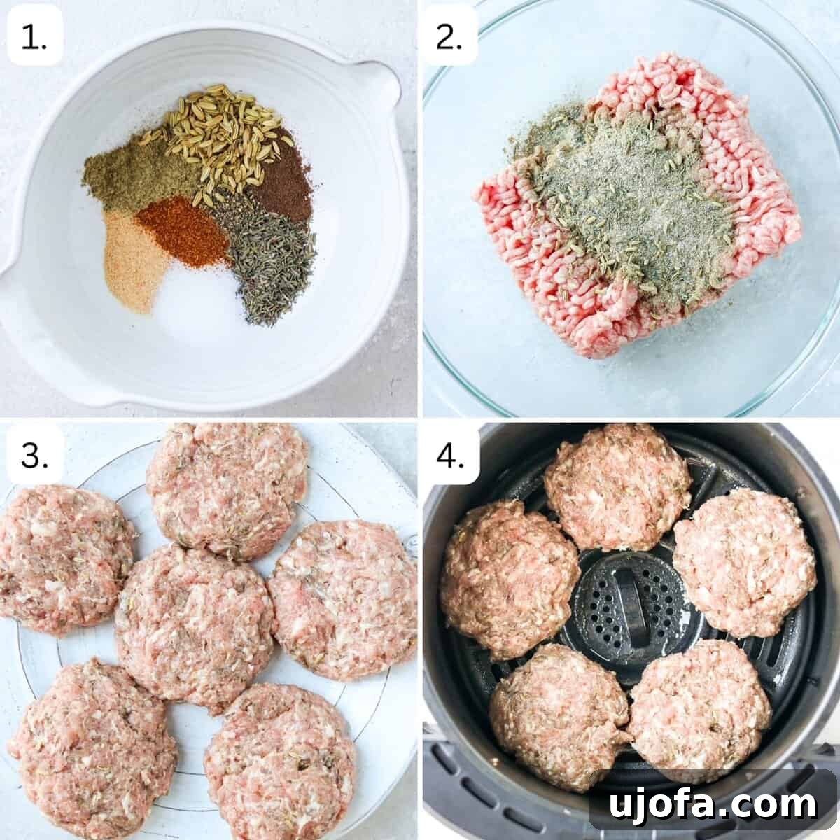 A four-quadrant image illustrating the step-by-step process for making air fryer sausage patties, from mixing ingredients to forming and cooking.