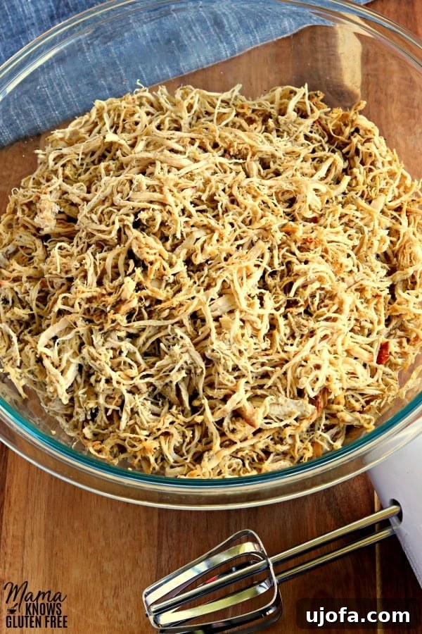 Close-up of rotisserie style shredded chicken in a white bowl, showing its tender, uniform texture achieved with a hand mixer.