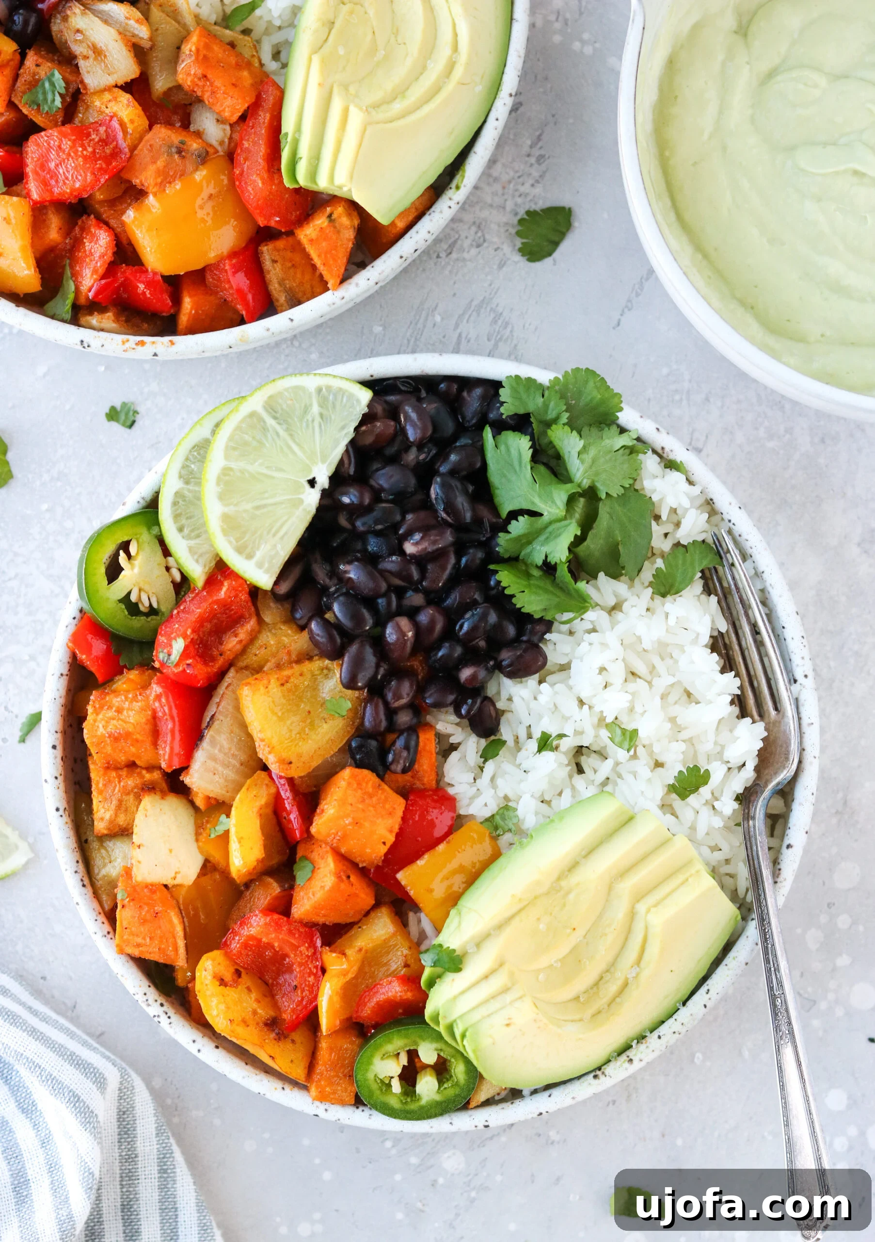 Roasted Vegetable Burrito Bowls with Avocado Crema Vibrant roasted veggie burrito bowls with creamy avocado crema and white rice, ready to eat