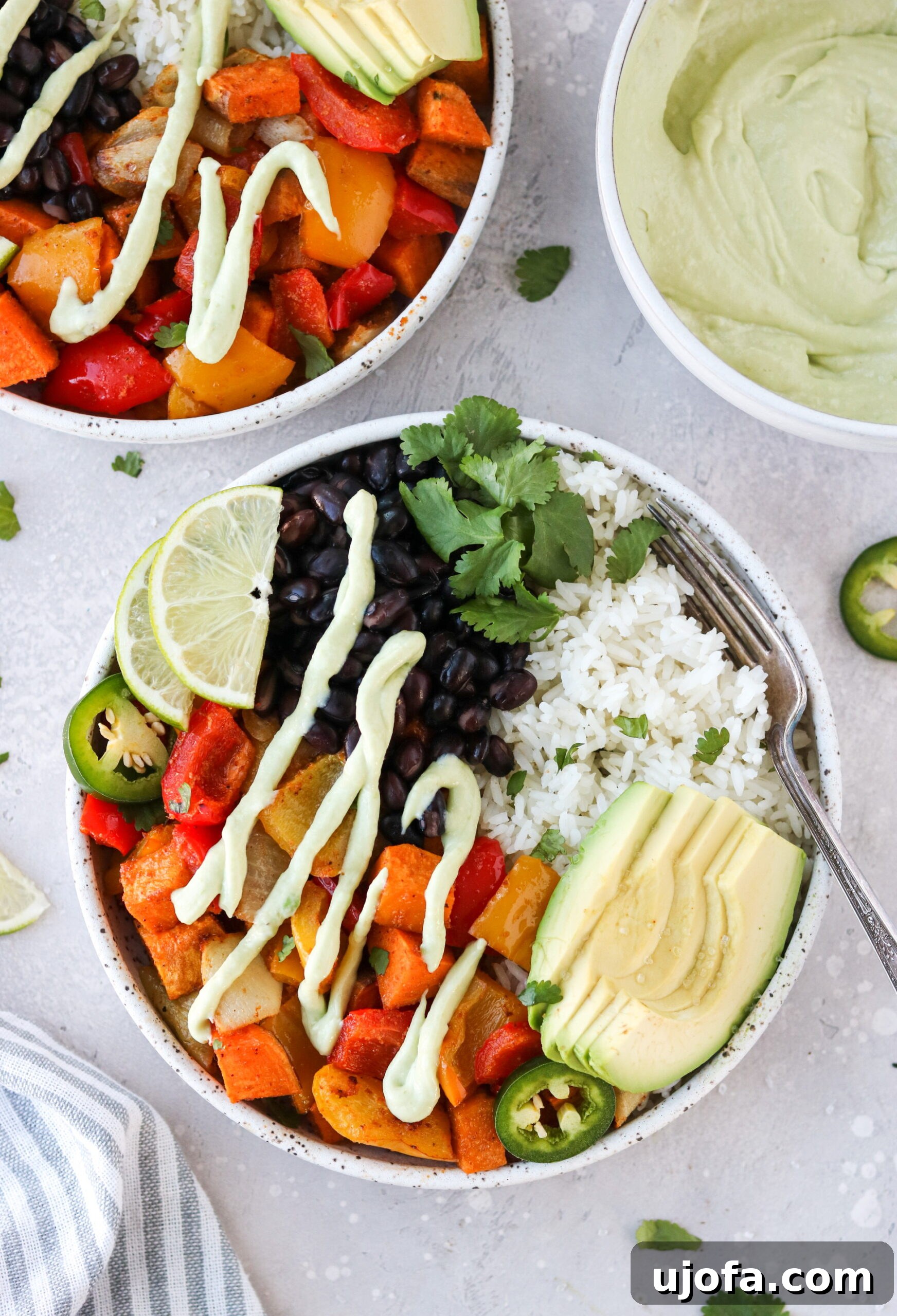 Ready-to-Enjoy Roasted Veggie Burrito Bowls with Avocado Crema Finished Roasted Veggie Burrito Bowls with Avocado Crema, beautifully garnished and ready for serving