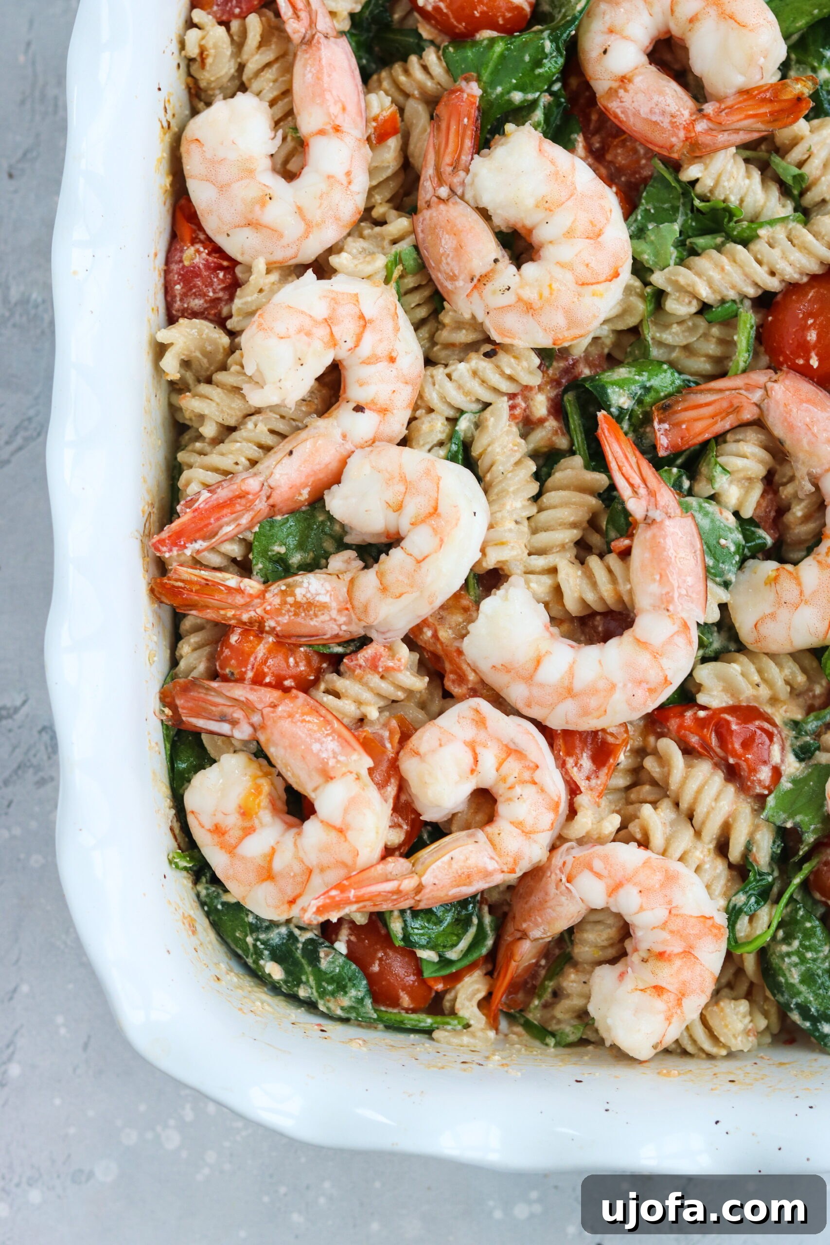 Baked Feta Pasta with Shrimp in a dish