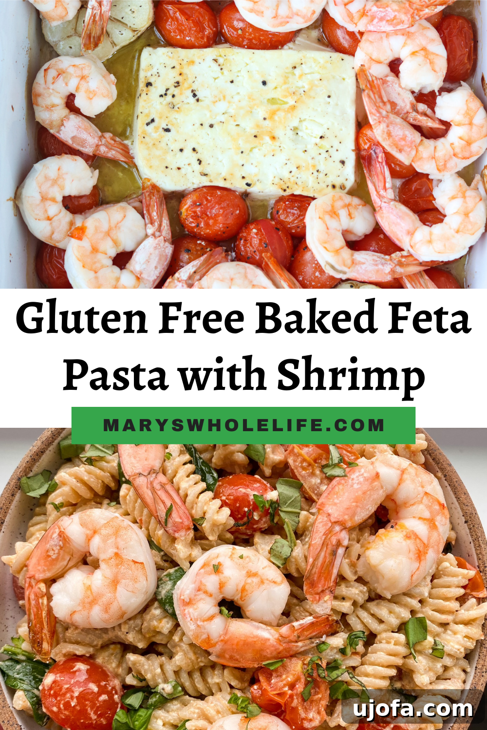 Collage of text and Gluten free roasted feta pasta with shrimp
