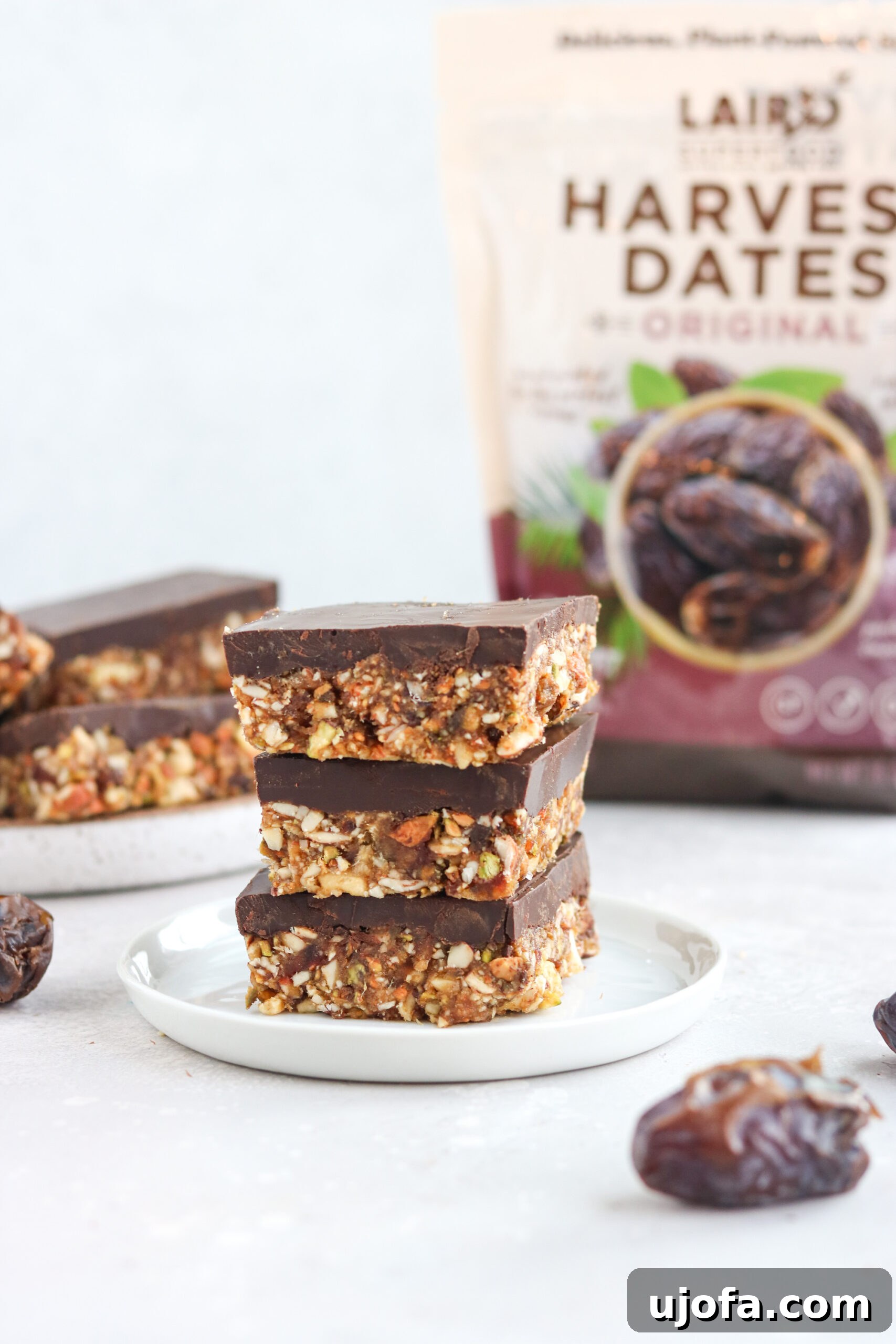 Stack of Paleo Fudge Covered Date Nut Bars A beautifully arranged stack of rich fudge-covered date and nut bars, showcasing their delicious layers and tempting texture.