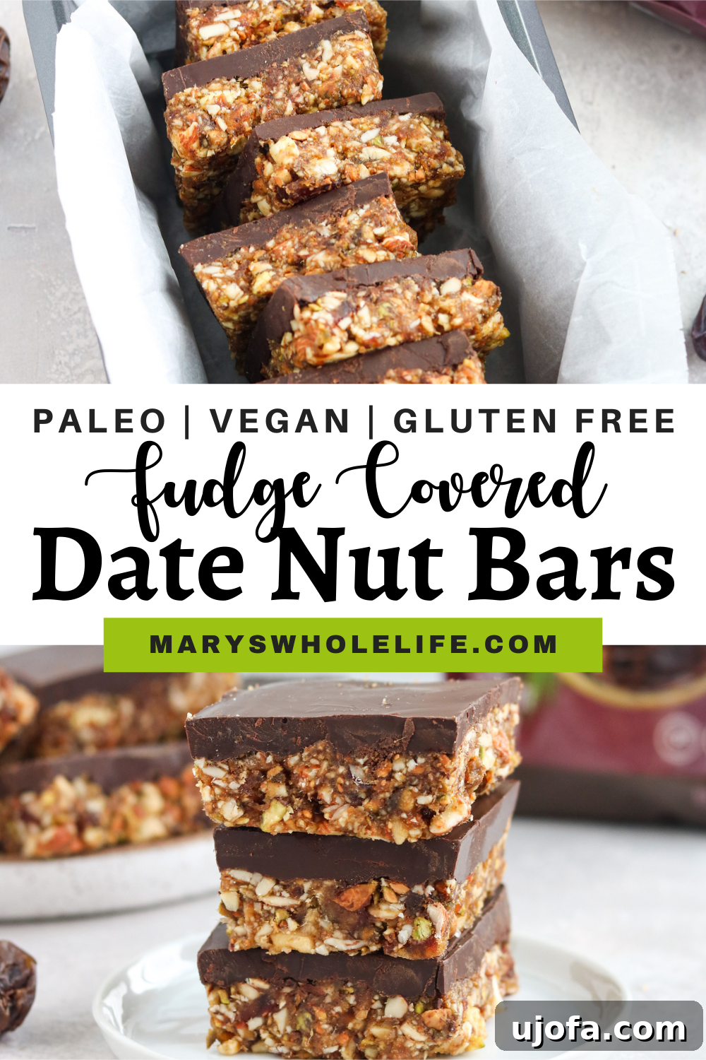 Decadent Paleo Vegan Fudge Date Nut Bars 2 A creative collage featuring the title of the blog post alongside images of the Paleo Fudge Covered Date Nut Bars, perfect for social sharing.