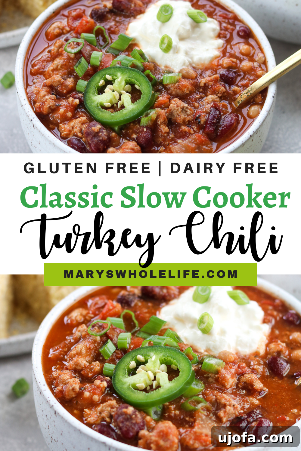 A vibrant collage featuring the title 'Classic Slow Cooker Turkey Chili' alongside appetizing images of the prepared chili and its key ingredients.