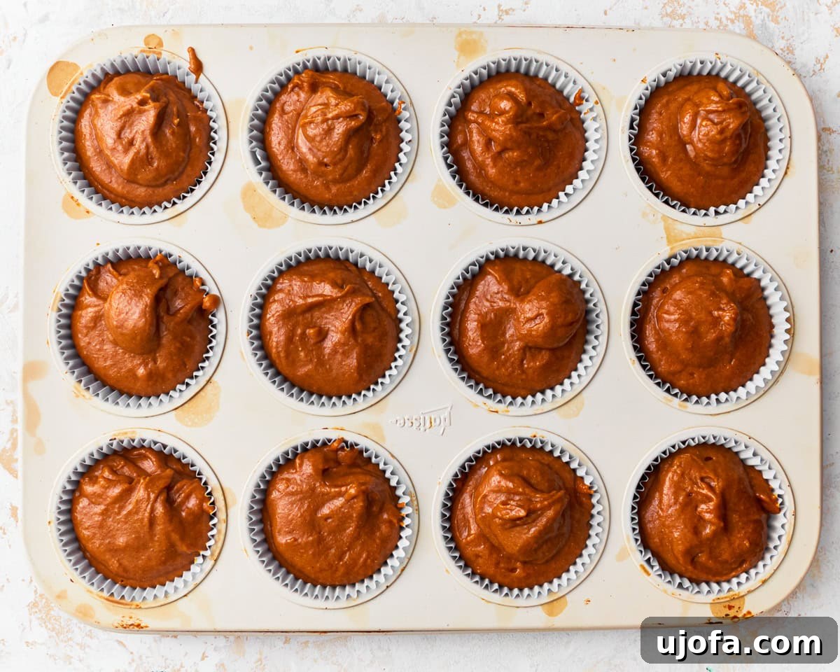 Wholesome Gluten-Free Pumpkin Delights 11 Gluten-free pumpkin muffin batter evenly portioned into a muffin tin, ready for baking.