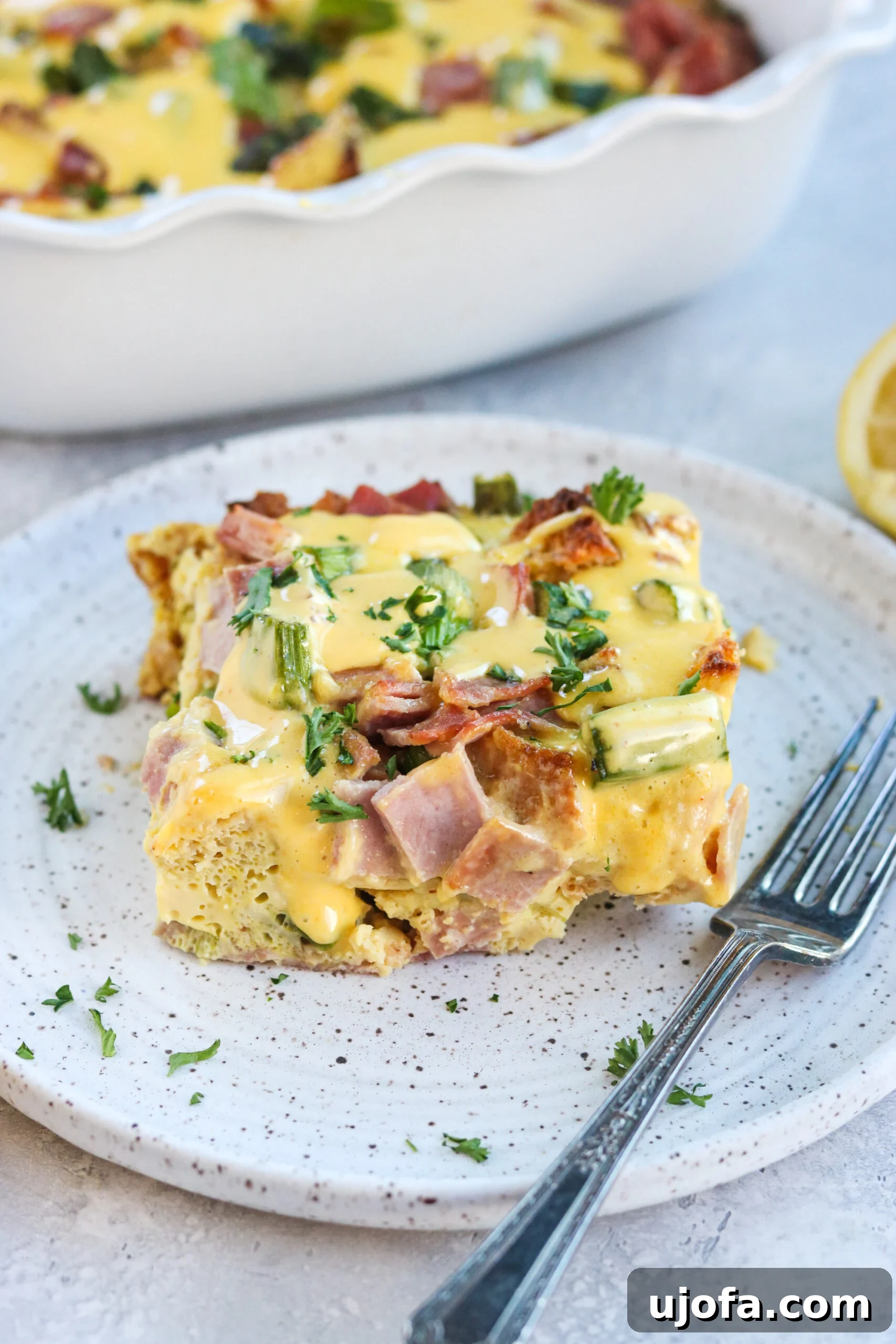 slice of baked food on a plate with fork