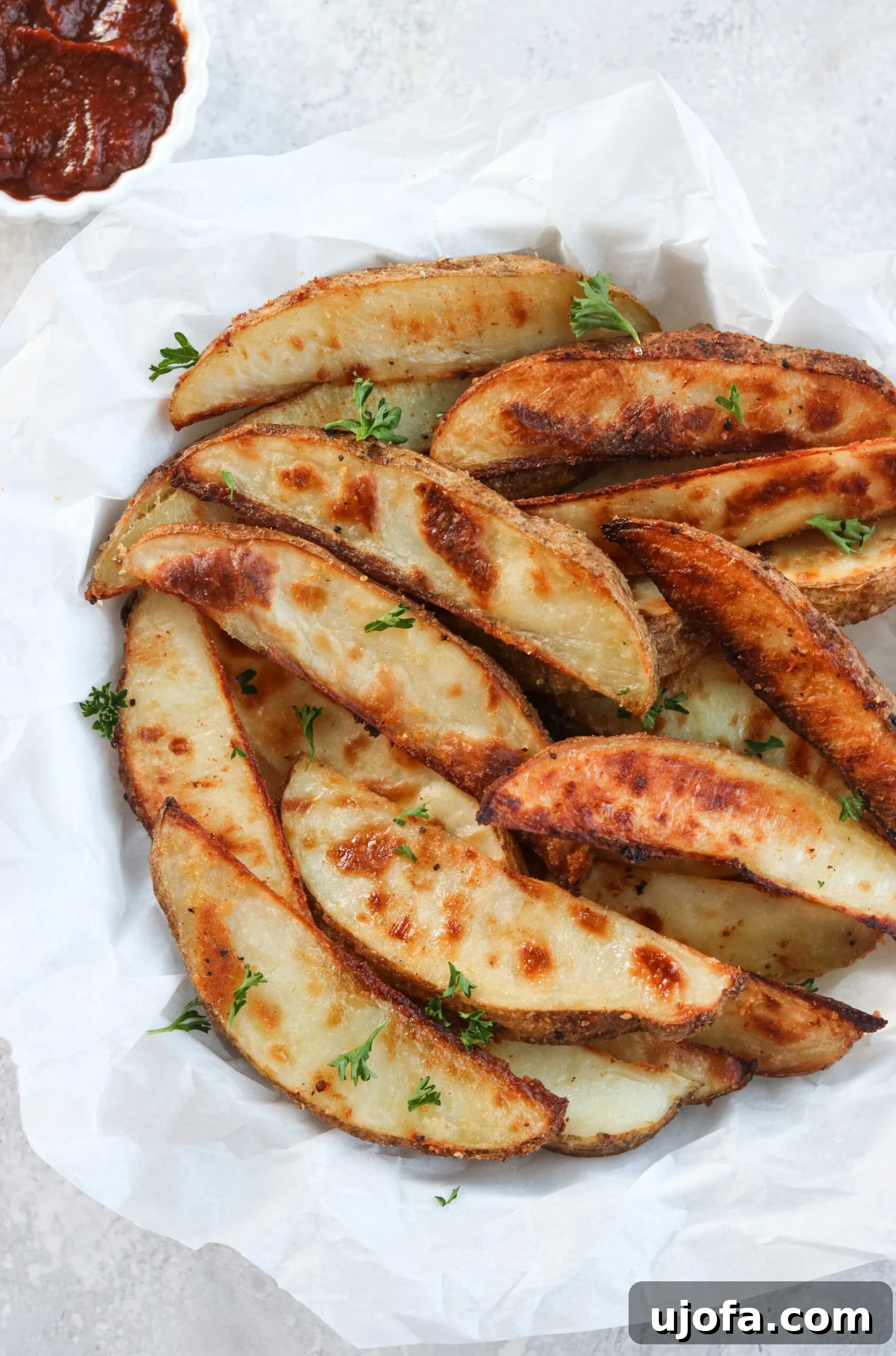 Crispy Baked Potato Wedges served elegantly in a white bowl with a side of creamy dipping sauce, ready to be enjoyed