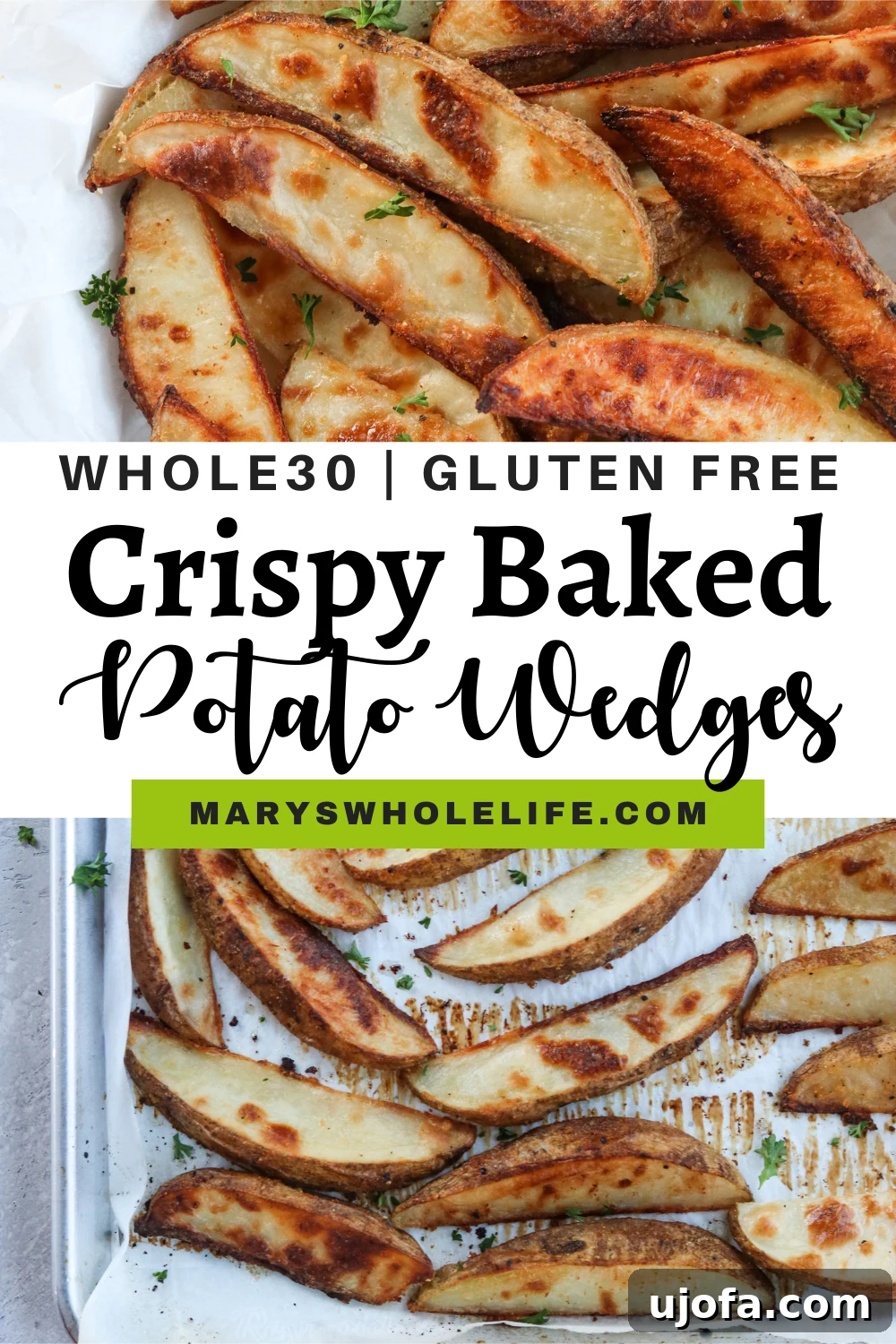 A collage featuring various close-up shots of crispy baked potato wedges, along with recipe text overlays, emphasizing their delicious appeal