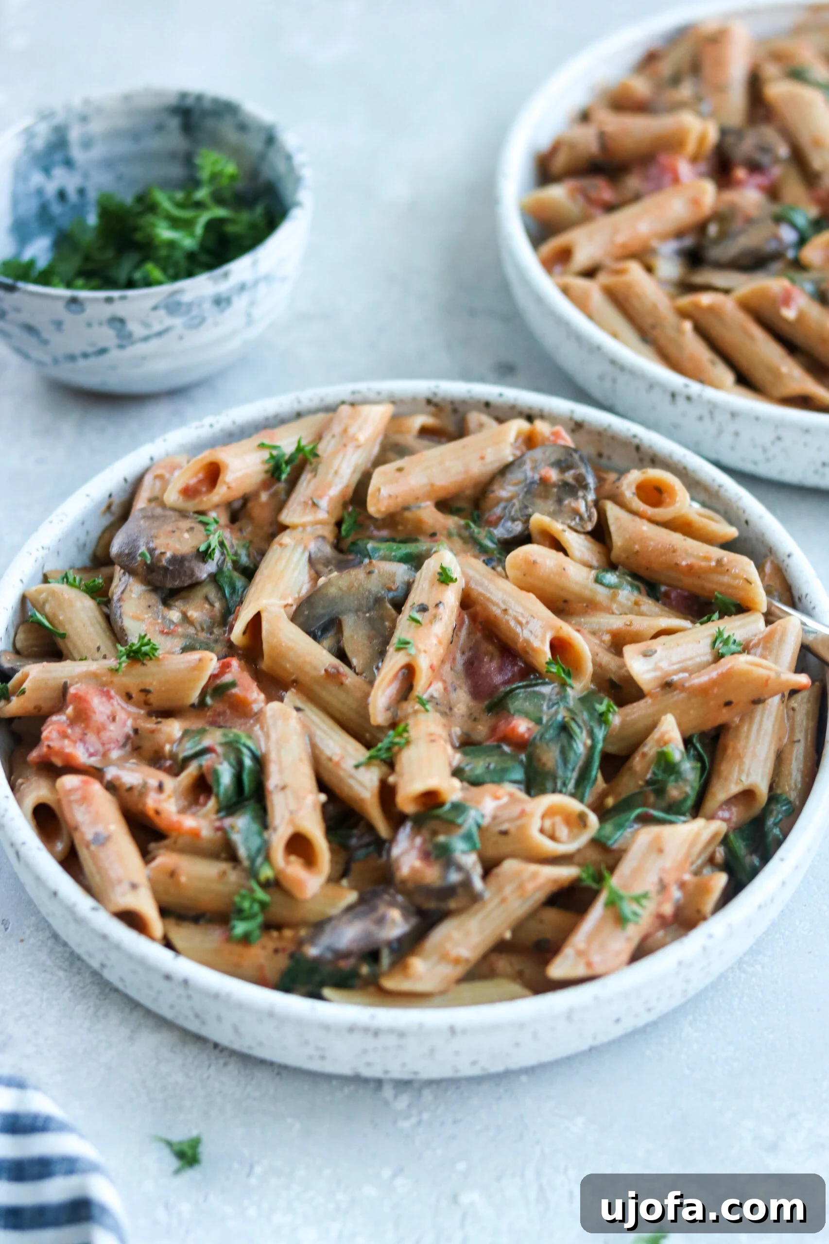 Instant Pot Creamy Tomato Penne on a white bowl