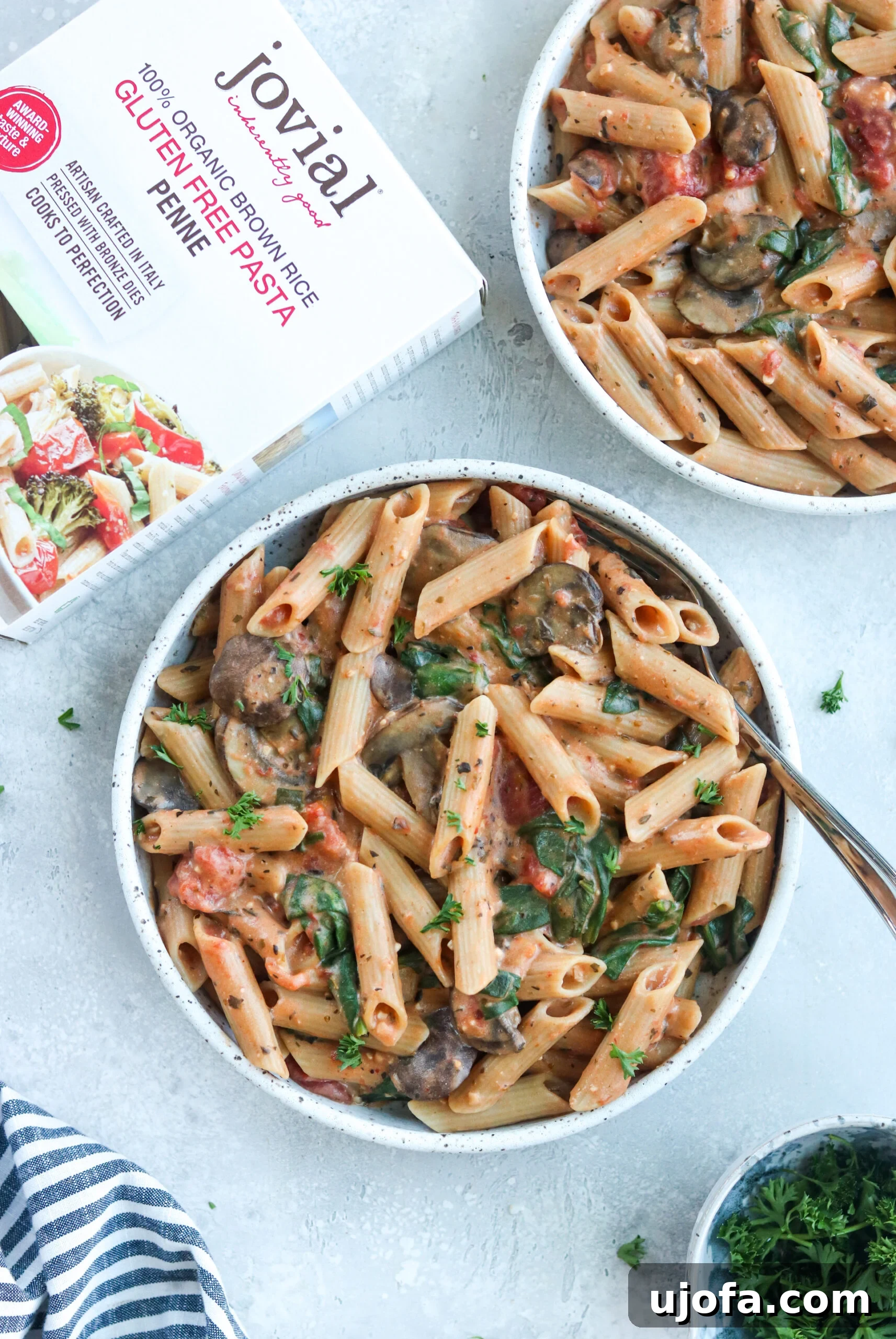 Instant Pot Creamy Tomato Penne on a white bowl and a recipe book