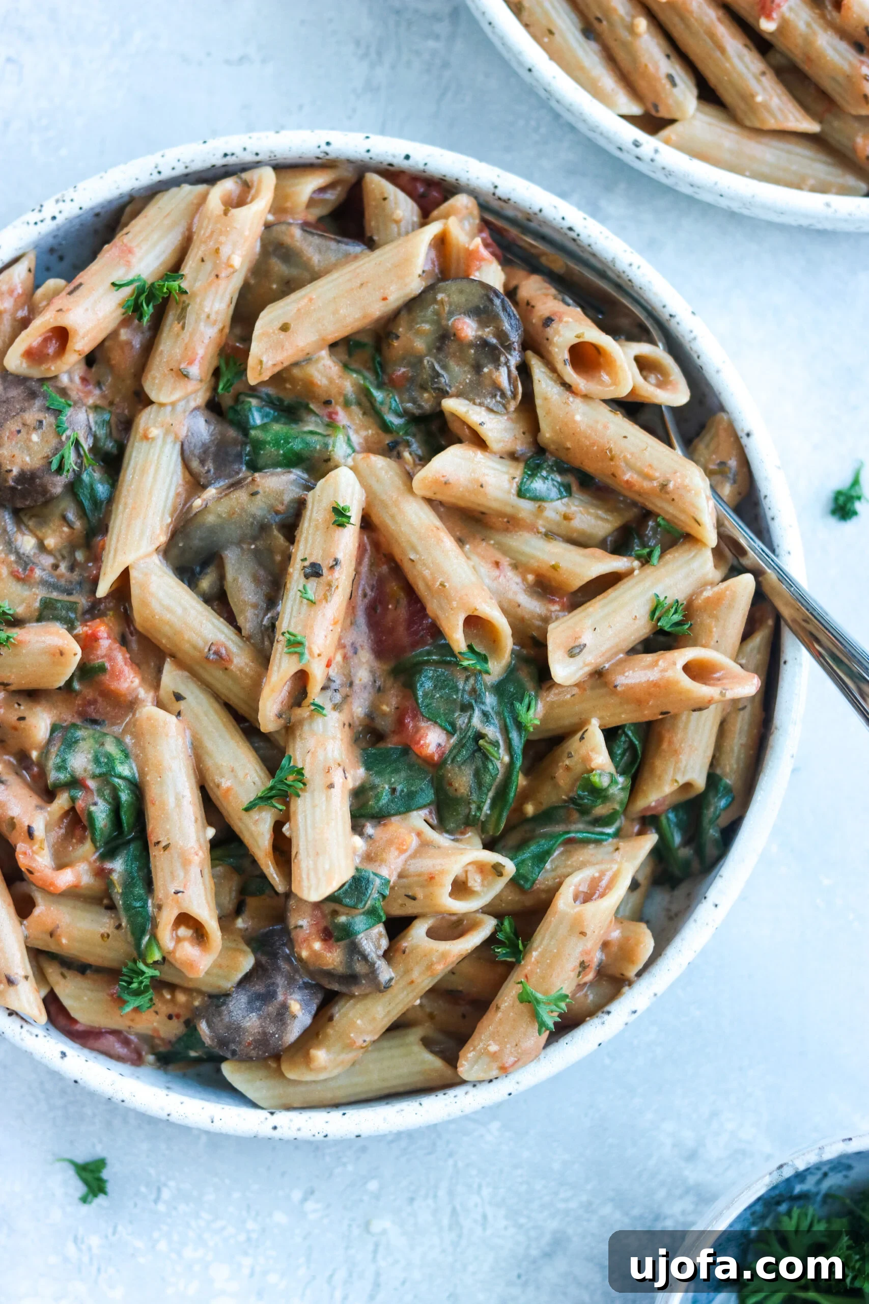 penne on a white bowl
