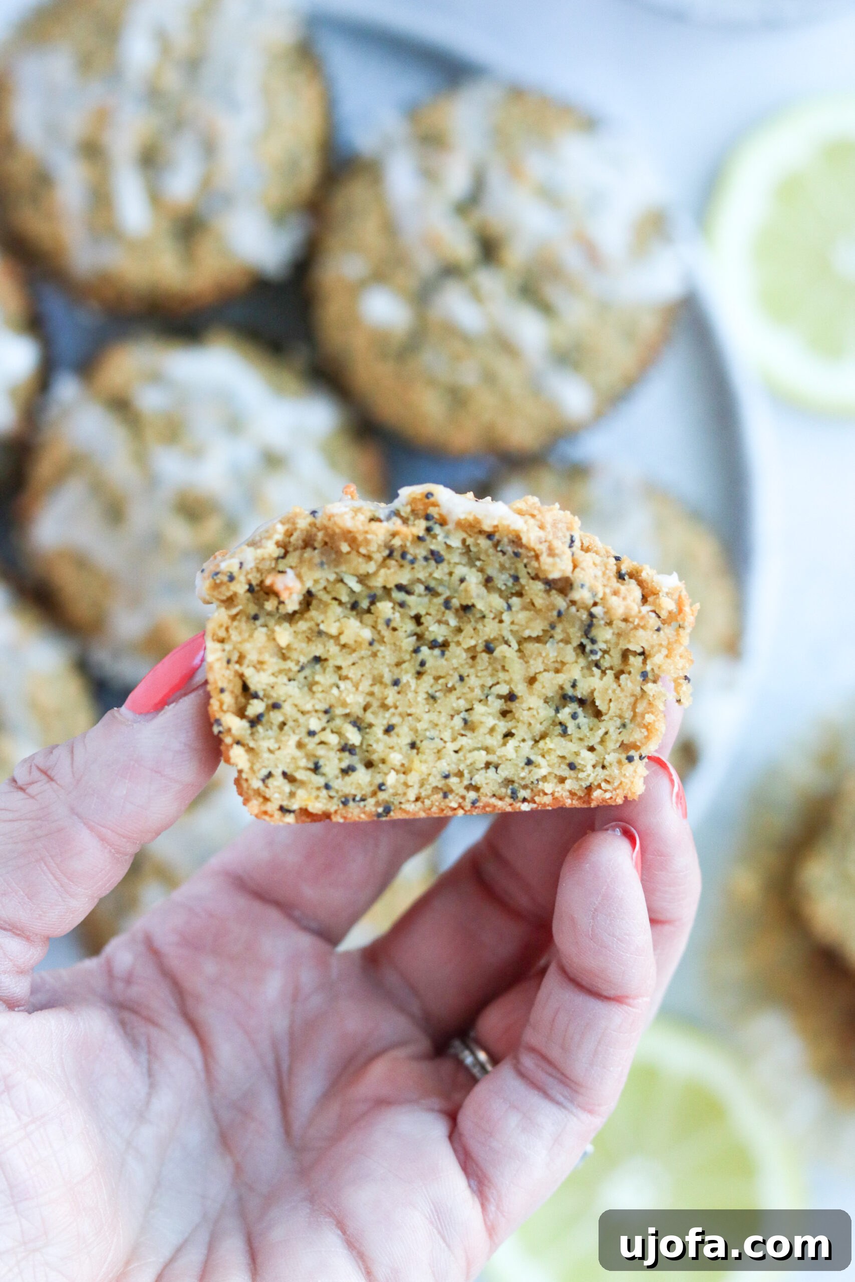 A slice of Lemon Poppyseed Muffin showing its moist texture