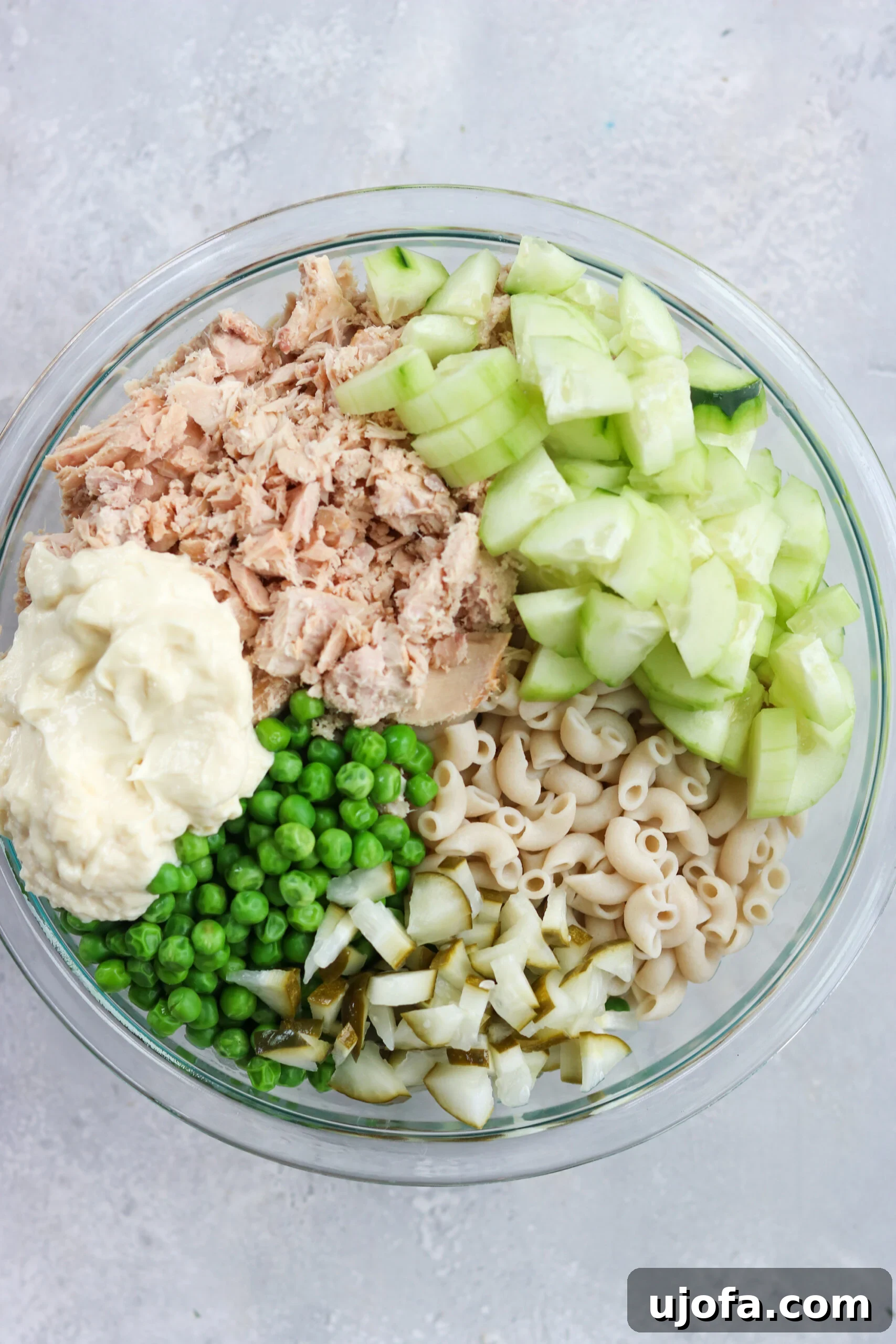 Tuna Macaroni Salad Ingredients Various ingredients laid out: gluten-free pasta, cans of tuna, mayonnaise, cucumber, peas, and pickles