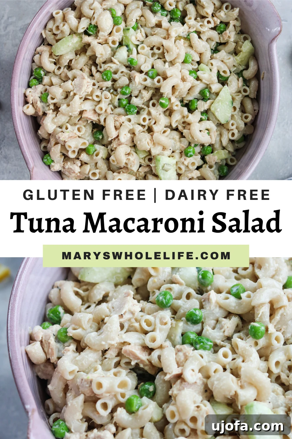 Gluten-Free Tuna Macaroni Salad Blog Cover Collage featuring images of Gluten-Free Tuna Macaroni Salad and recipe text overlay