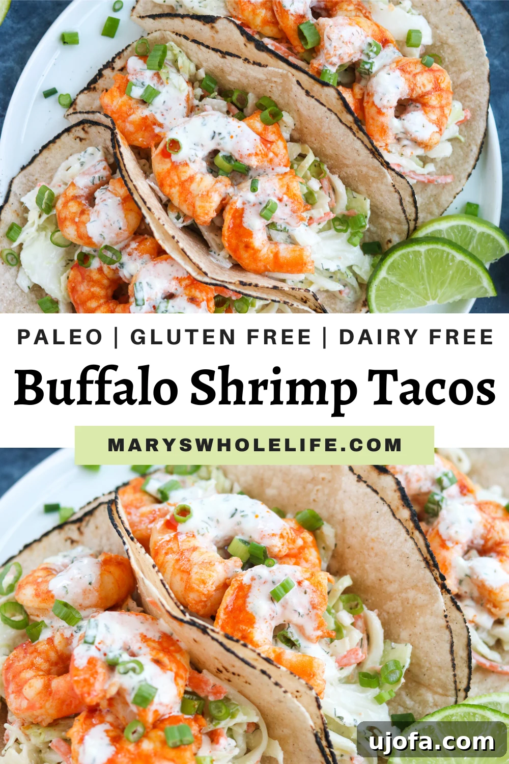A collage featuring various close-up shots of Paleo Buffalo Shrimp Tacos, with text overlay promoting the recipe and its benefits.