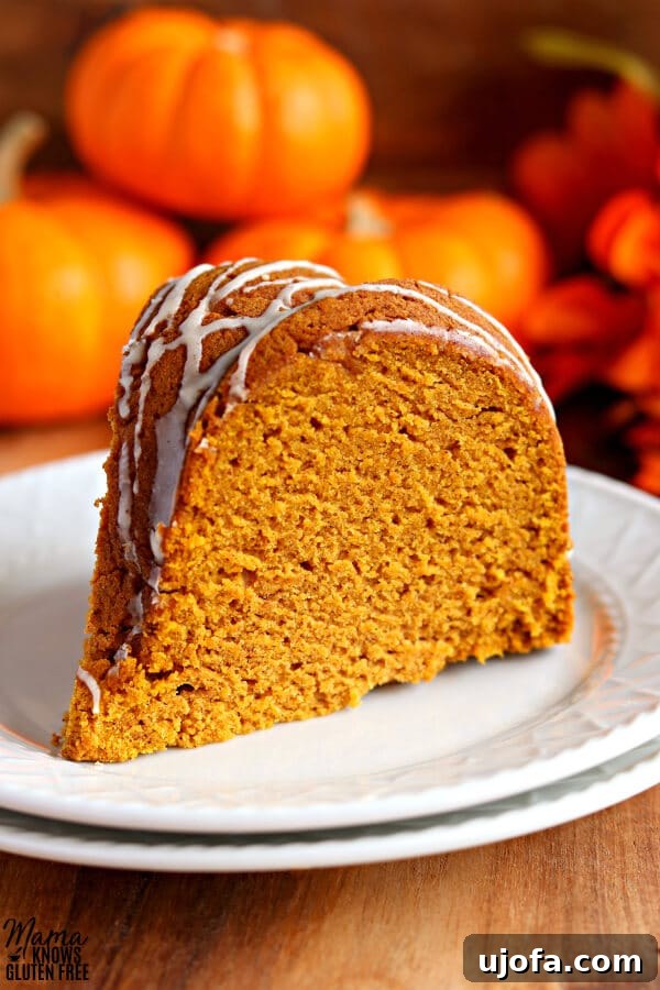 A perfectly sliced piece of gluten-free pumpkin bundt cake on a white plate, with decorative pumpkins in the background.