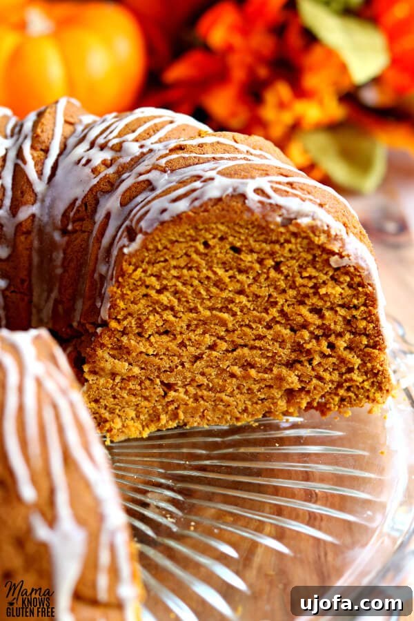 A full gluten-free pumpkin bundt cake, sliced and ready to serve, with pumpkins and autumn leaves providing a festive backdrop.