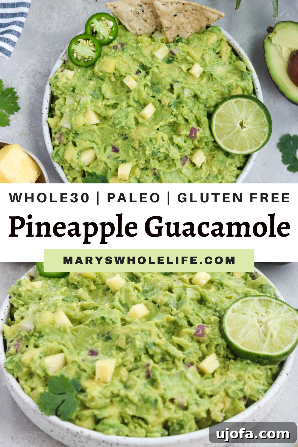 A collage featuring three enticing images of Paleo Pineapple Guacamole: one with chips, one with fresh ingredients, and one showcasing the creamy texture.