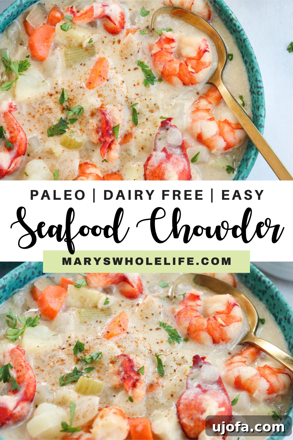 Two Bowls of Paleo Seafood Chowder Two bowls of creamy Paleo Seafood Chowder on a rustic wooden surface, ready to be enjoyed.