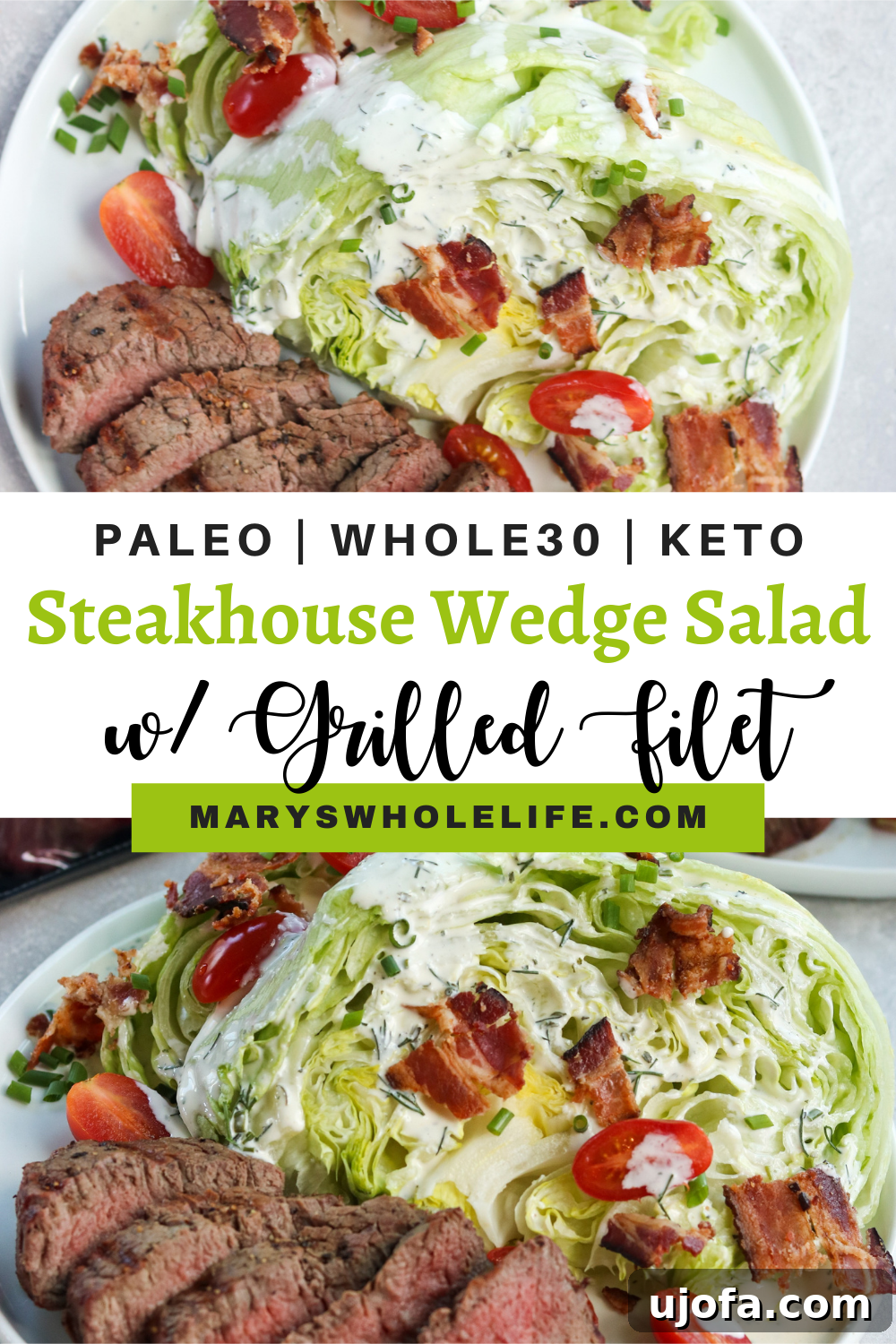 Steakhouse Wedge Salad Visual Story Collage of Steakhouse Wedge Salad with Homemade Ranch (Paleo), showing various angles and close-ups of the finished dish.