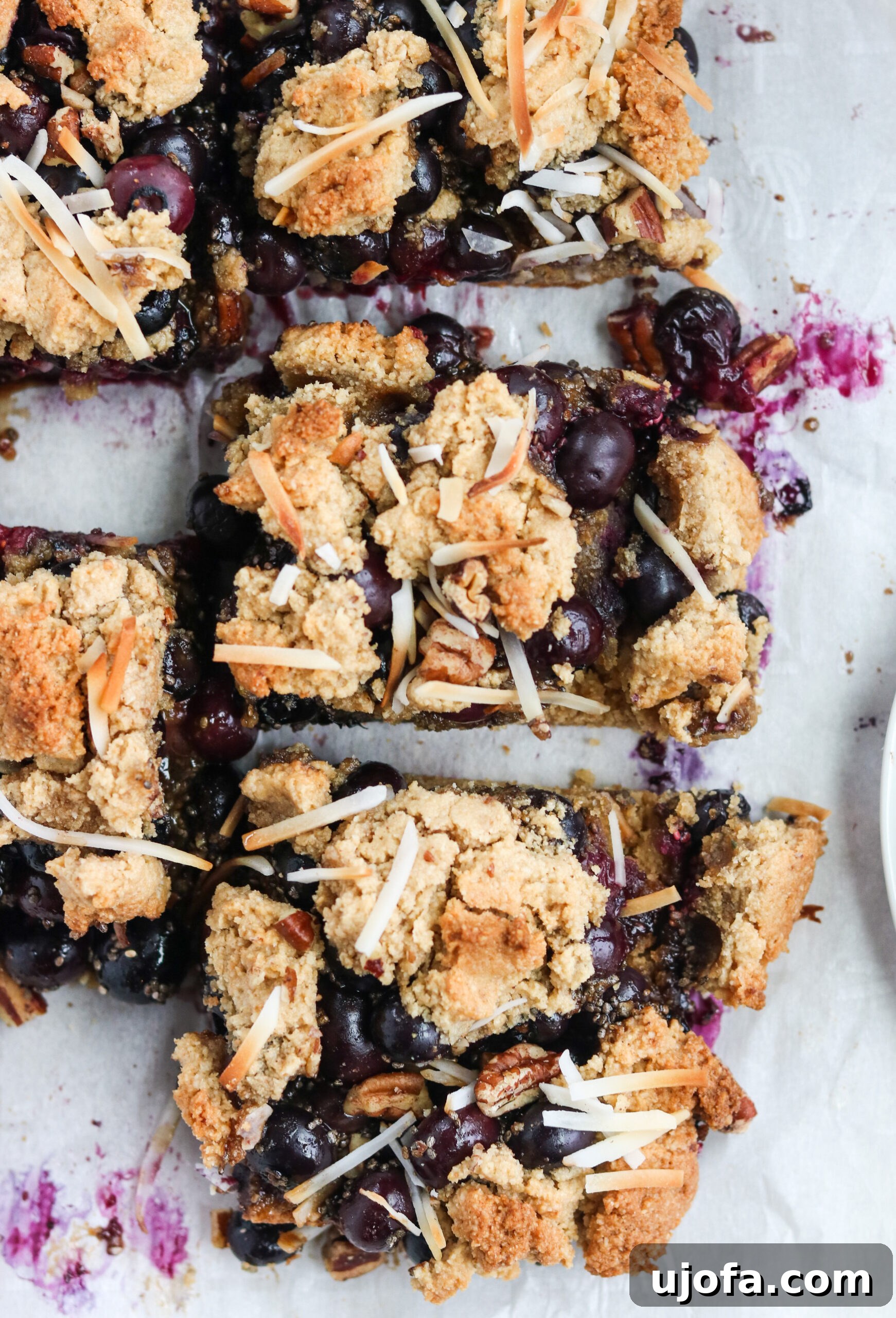 Paleo Blueberry Crumb Bars top view of slices of Blueberry Crumbs