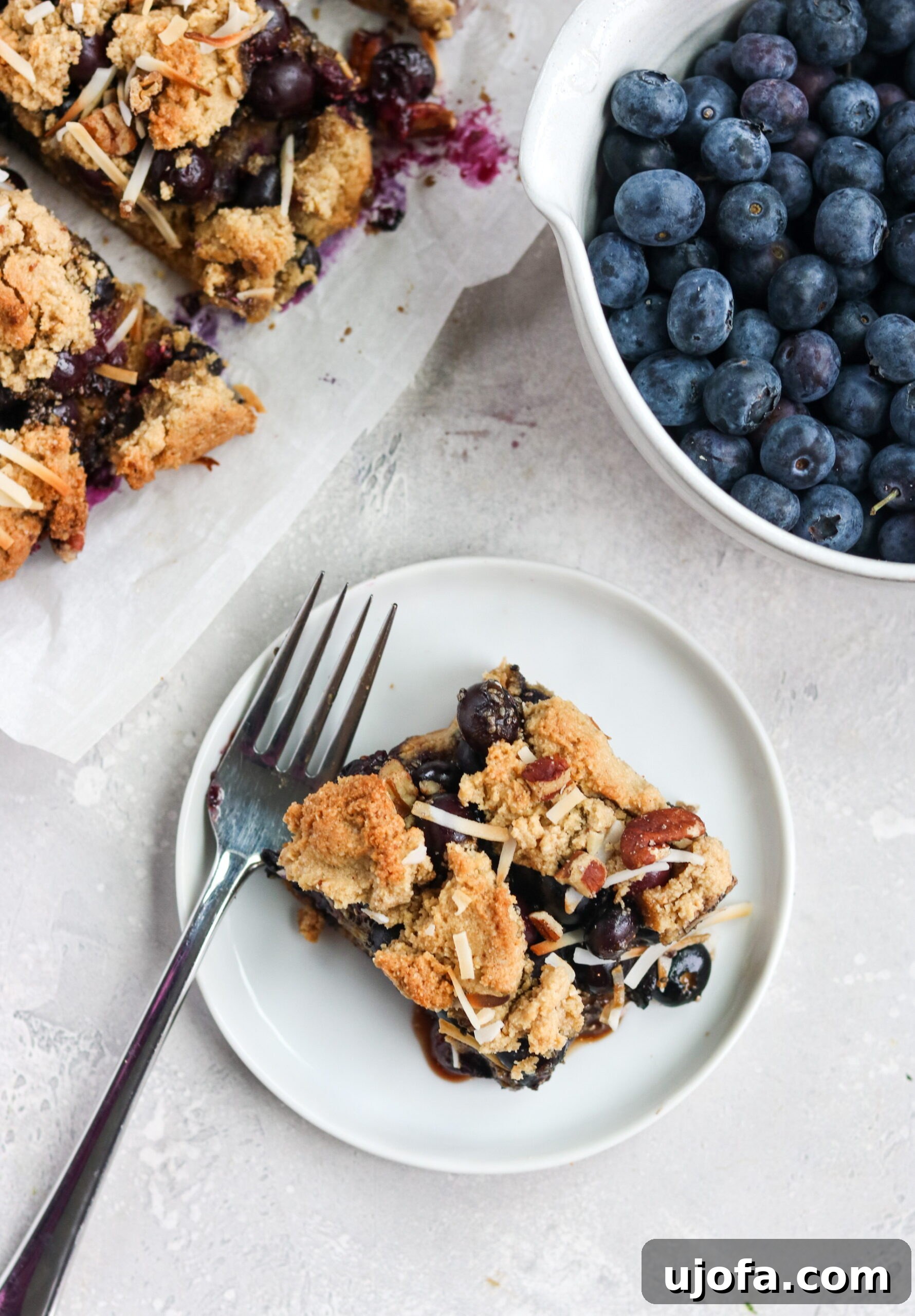 Paleo Blueberry Crumb Bars Blueberry Bars and blueberries on a table