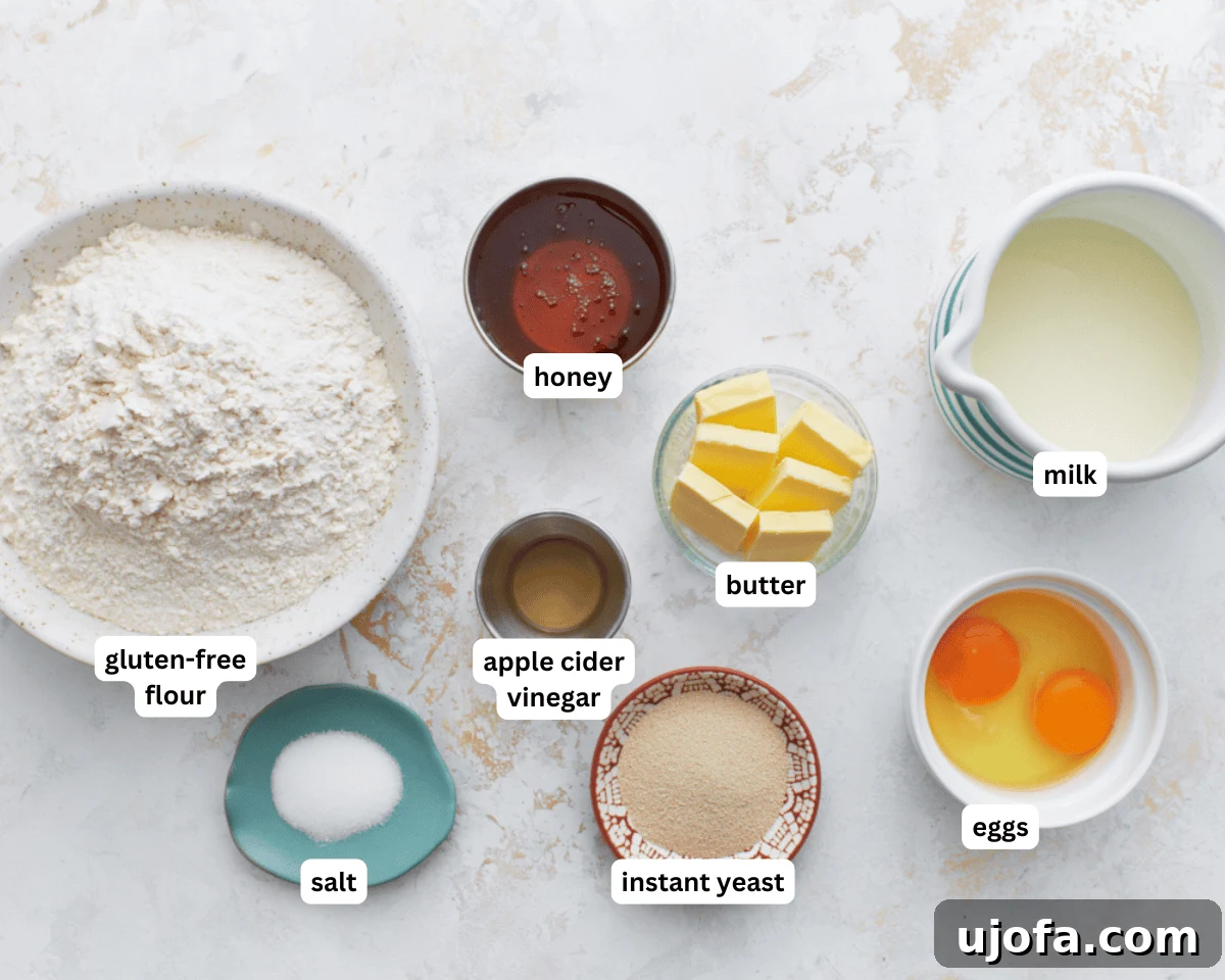 All ingredients for gluten-free dinner rolls laid out on a kitchen counter