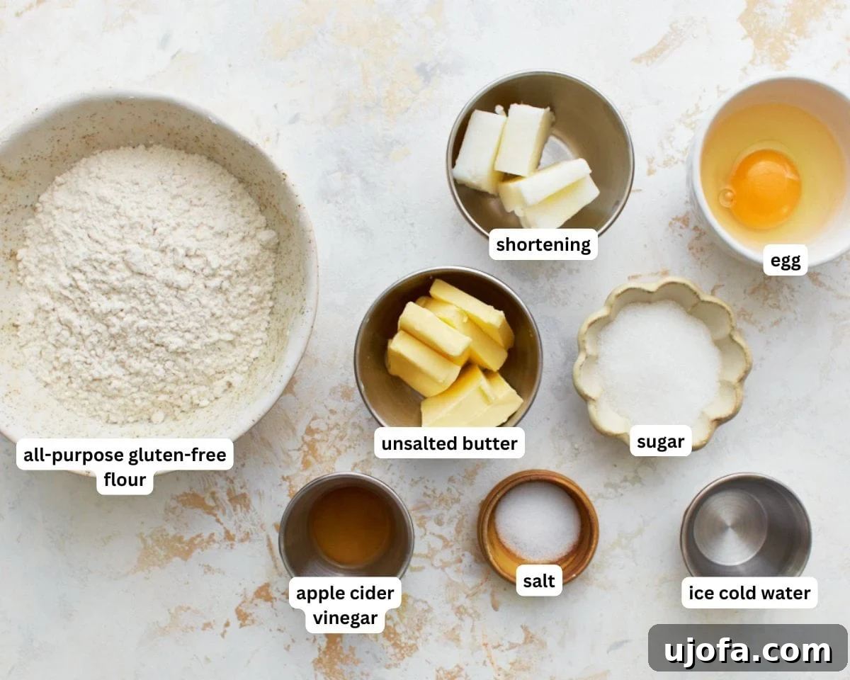 All ingredients for gluten-free pie crust, including flour, butter, shortening, egg, and vinegar, laid out on a counter.