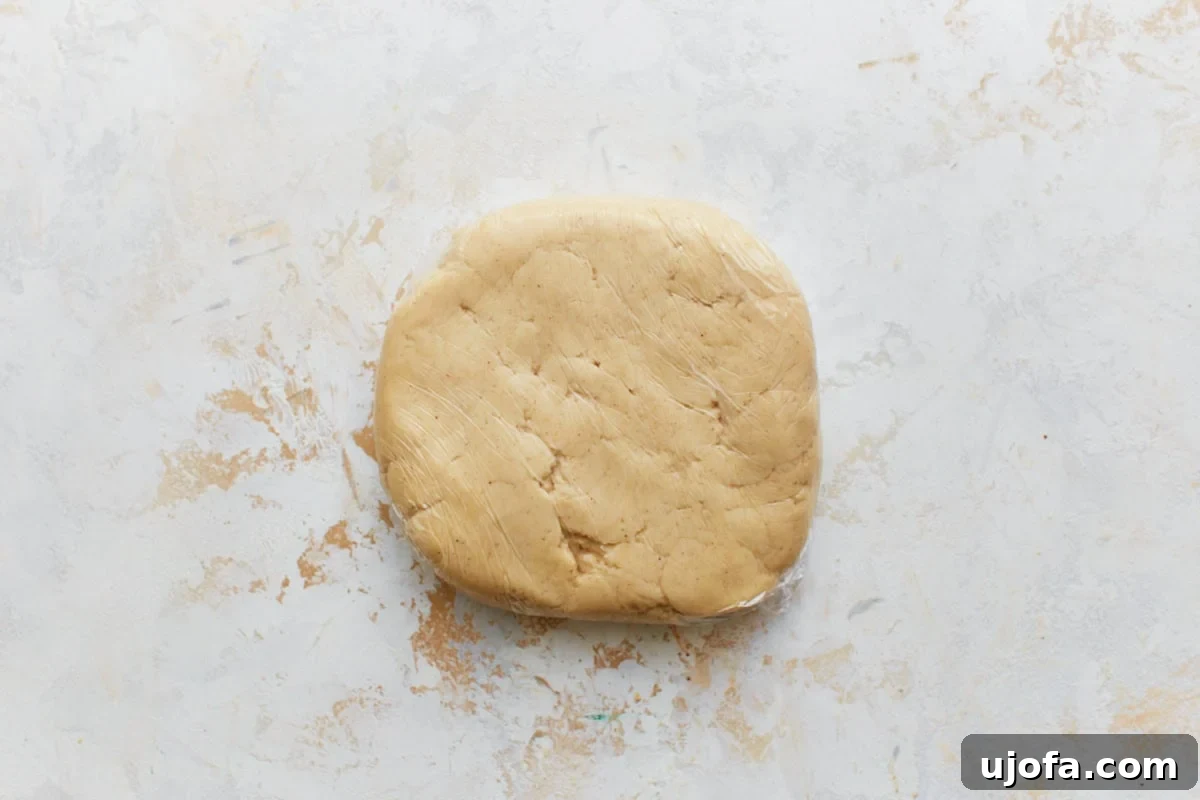 A smooth, disc-shaped ball of gluten-free pie crust dough wrapped tightly in plastic wrap, ready for chilling.