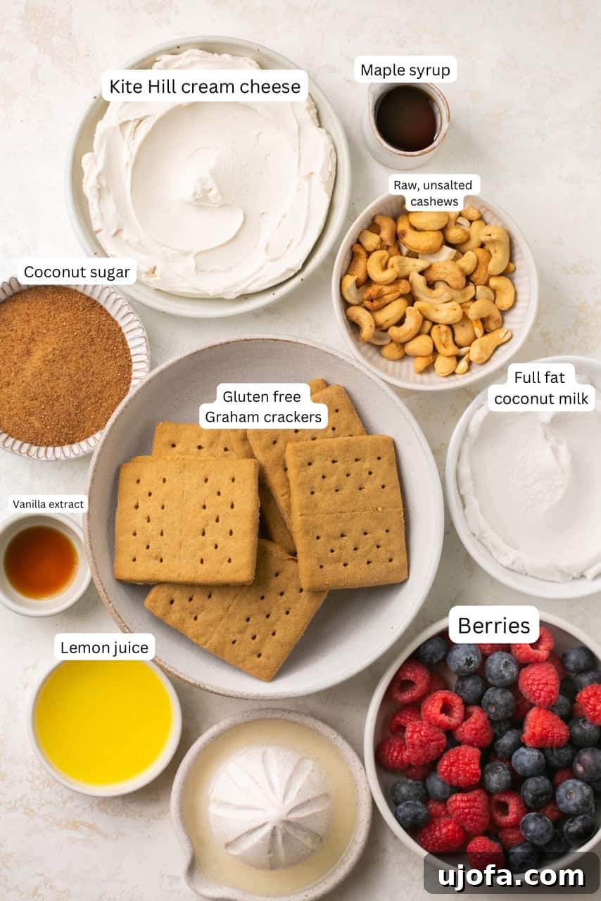 Decadent Gluten-Free No-Bake Cheesecake Cups 3 recipe ingredients displayed in labelled nesting bowls, including cashews, coconut cream, lemon, and graham crackers