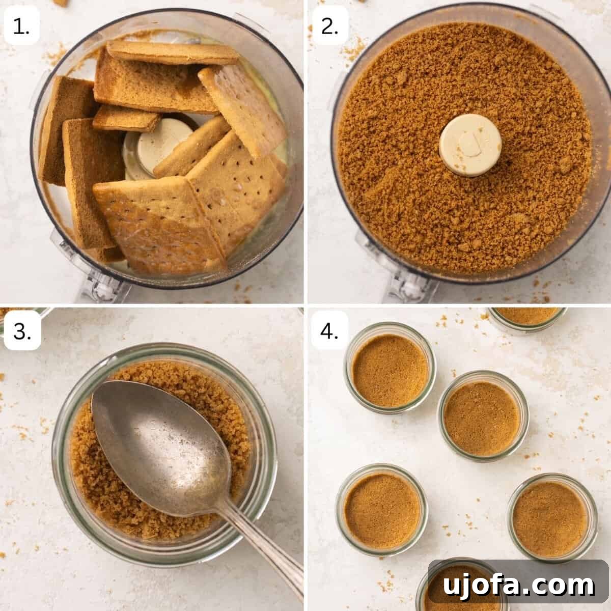Decadent Gluten-Free No-Bake Cheesecake Cups 4 step by step instruction photos for making cheesecake crust and filling