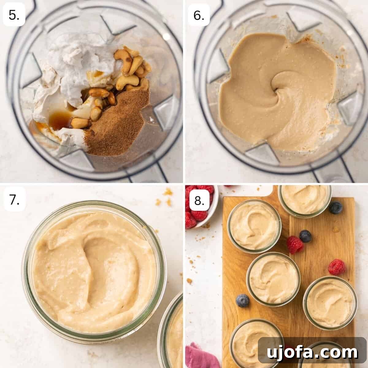 Decadent Gluten-Free No-Bake Cheesecake Cups 5 additional step by step photos showing filling jars and chilling cheesecakes