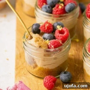 Decadent Gluten-Free No-Bake Cheesecake Cups 8 no bake mini cheesecakes in glass jars topped with berries with a spoon taking a bite