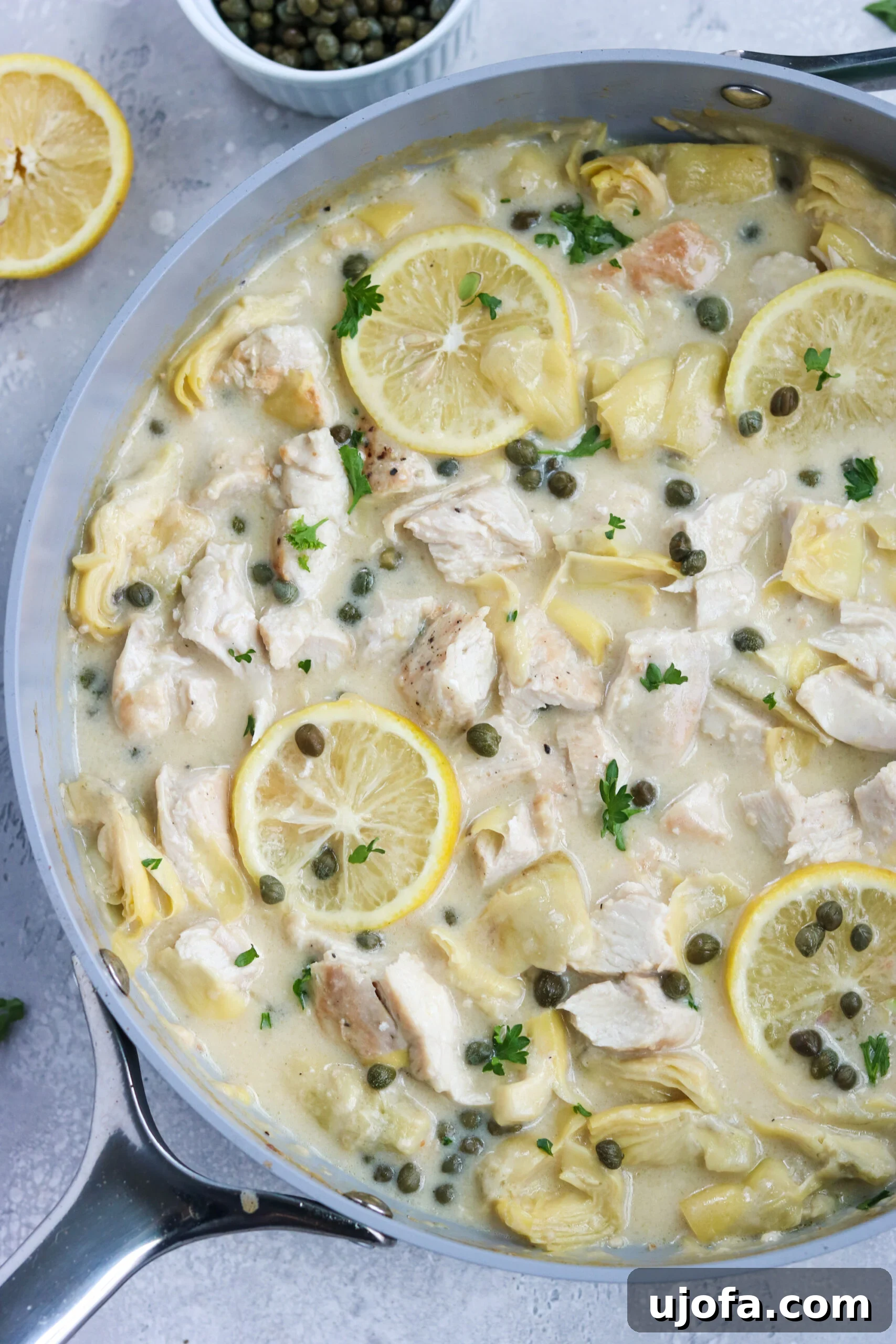Closeup shot of creamy lemon artichoke chicken ingredients surrounding the finished dish
