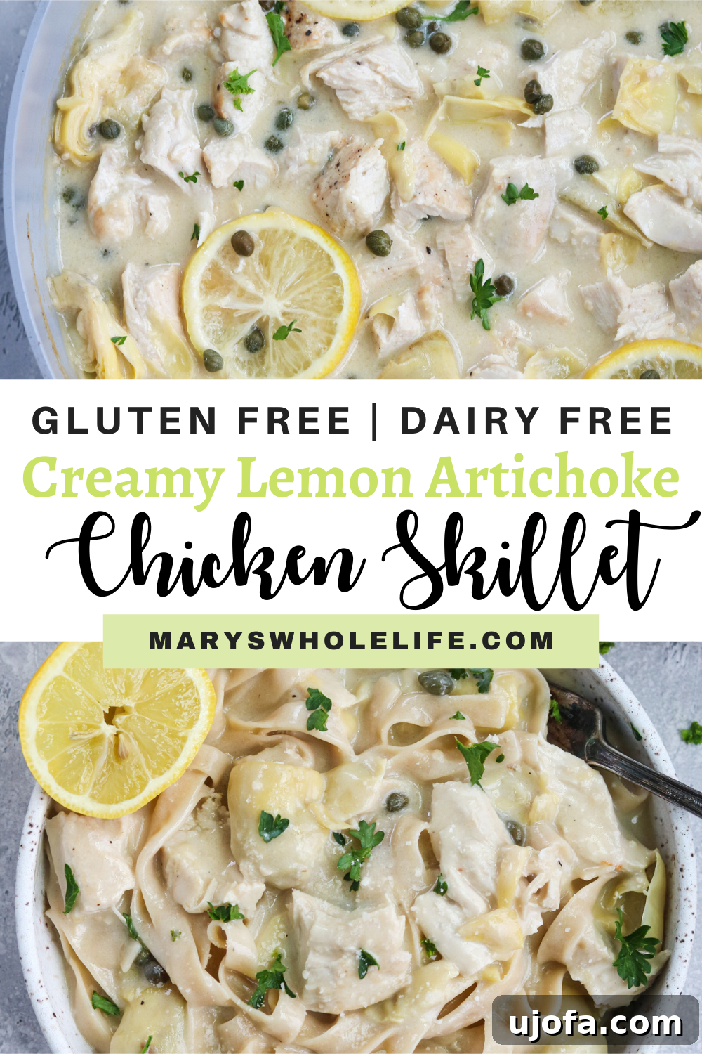 Collage of creamy lemon artichoke chicken pasta and recipe highlights text