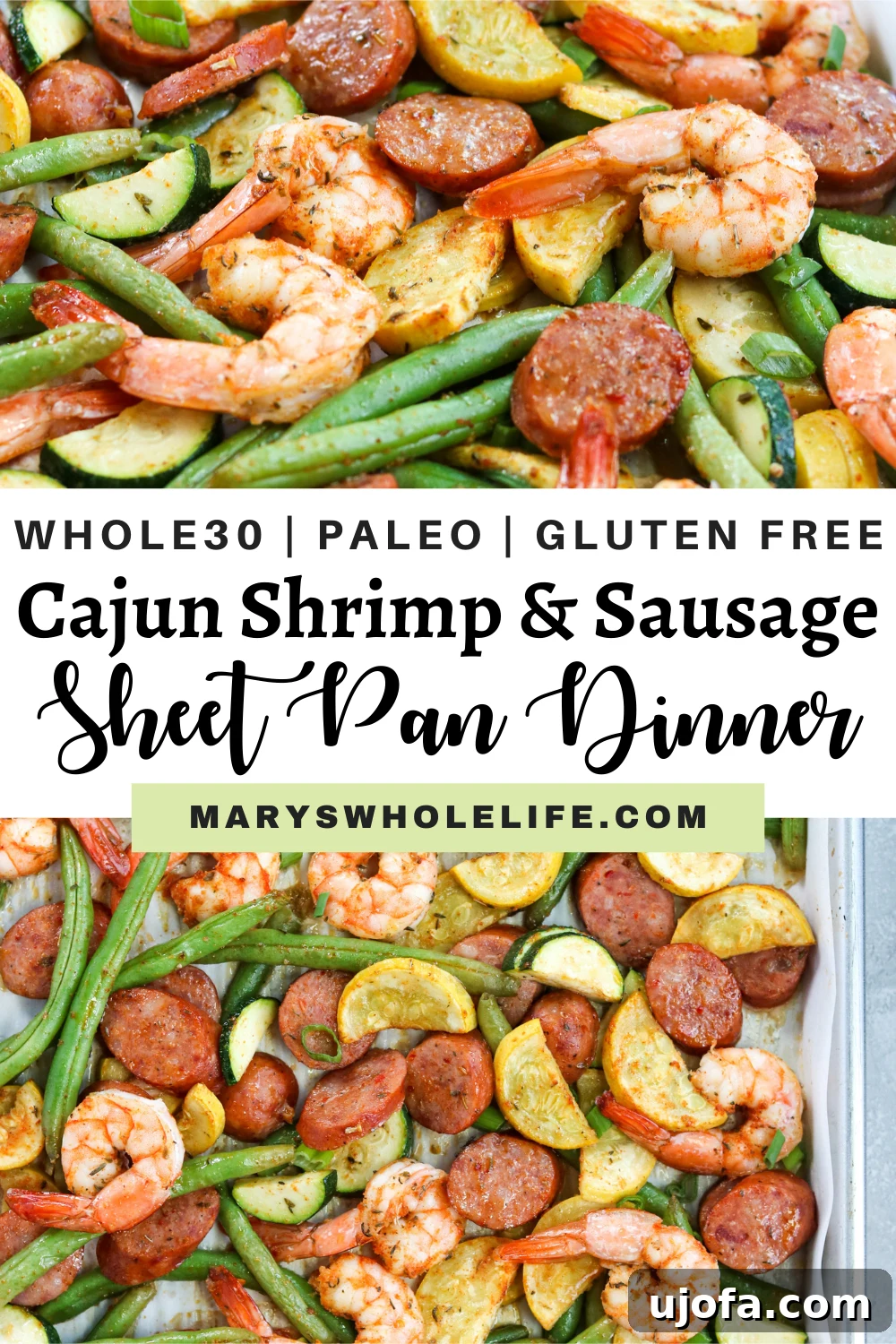 a collage of various Cajun Shrimp and Sausage Sheet Pan images with recipe text
