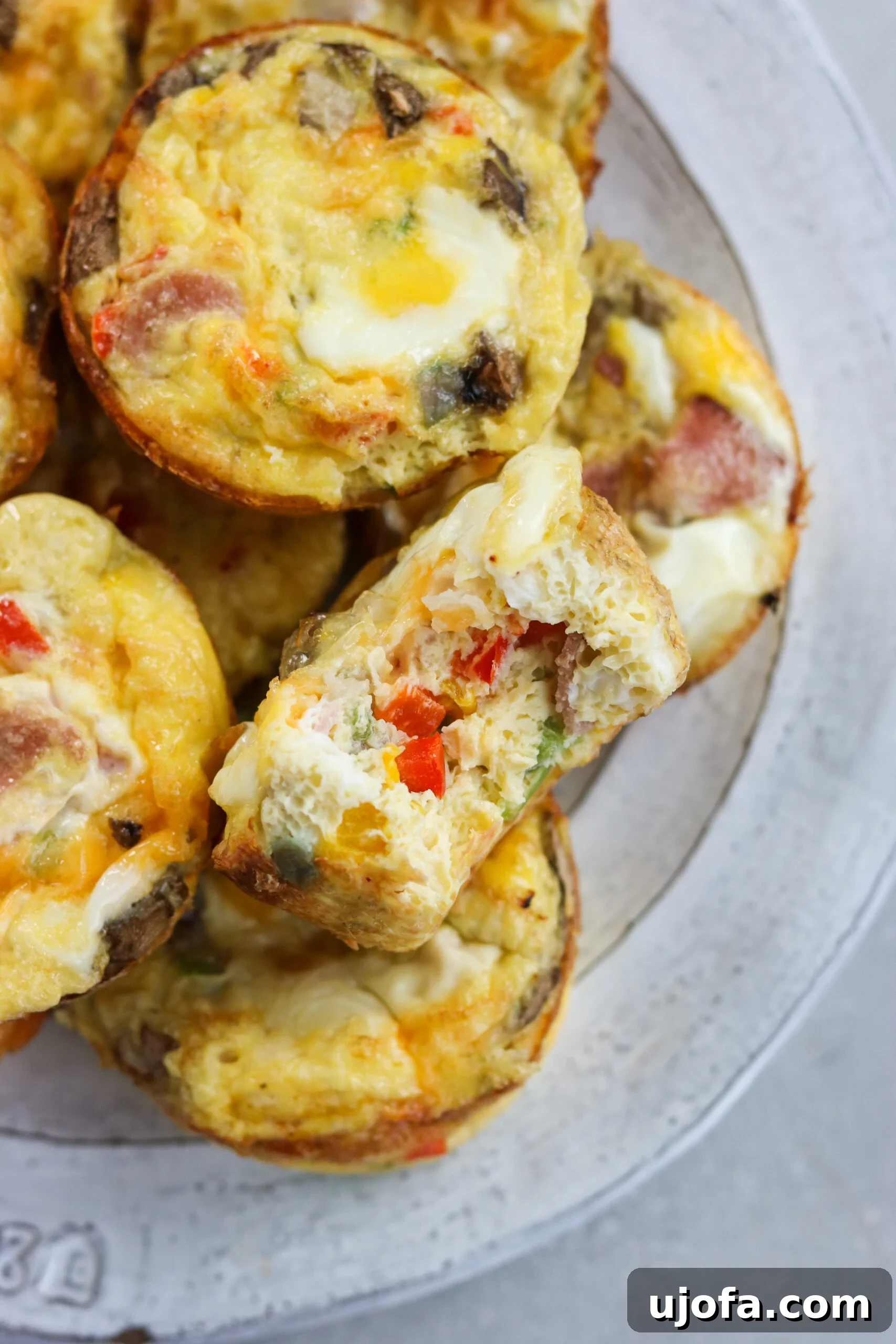 Western Omelette Egg Bites on a white plate Western Omelette Egg Bites on a pristine white plate, showcasing the colorful ingredients